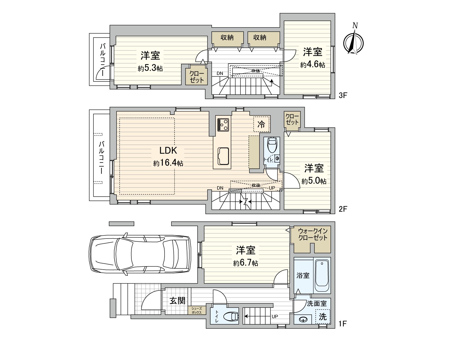 4LDK建築面積116.42平方公尺(約35.21坪)※在如上所述建築面積中含有1F車庫面積12.06平米