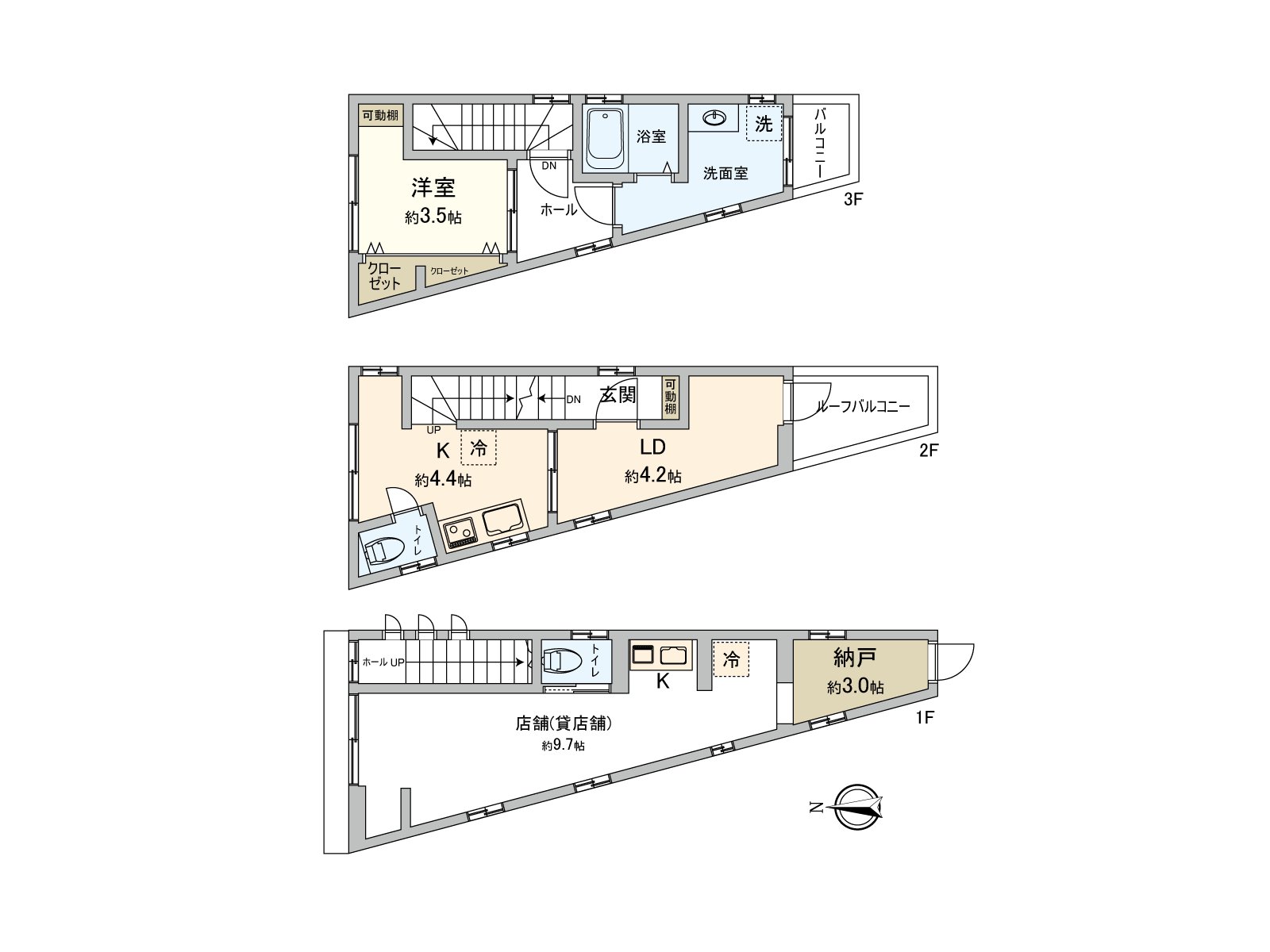[平面圖]1樓部分是店鋪(出租中)，2.3樓部分居住在的空間。