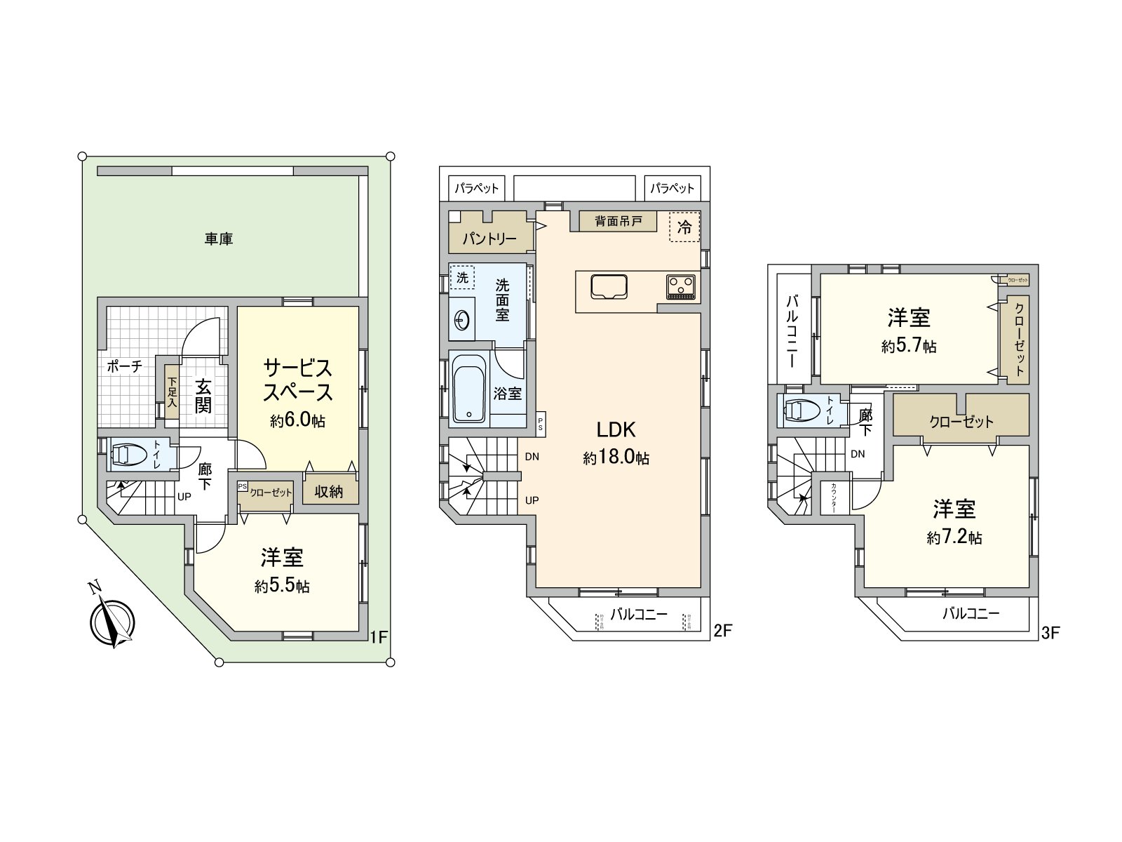 2022年2月築，3層樓3SLDK的家。陽光、通風關於西南、西北邊間良好。