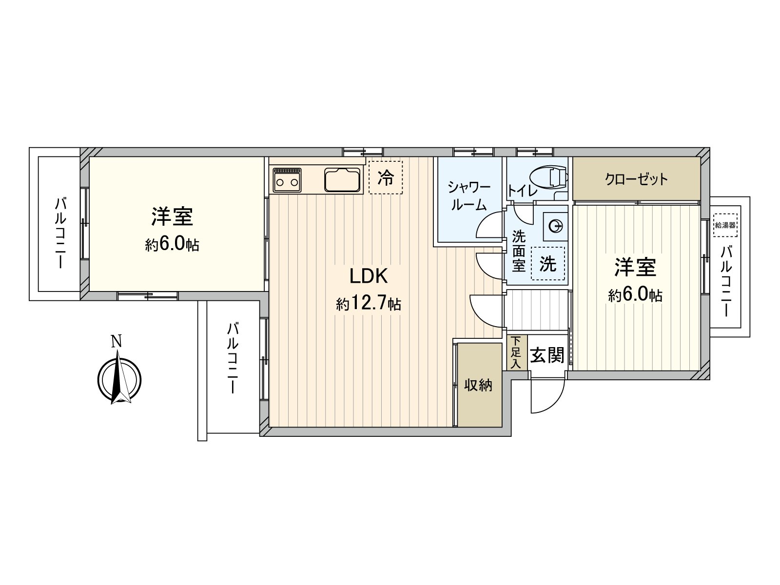 私人使用面積53.91平方公尺的2LDK。是東、西的兩面陽台式樣。