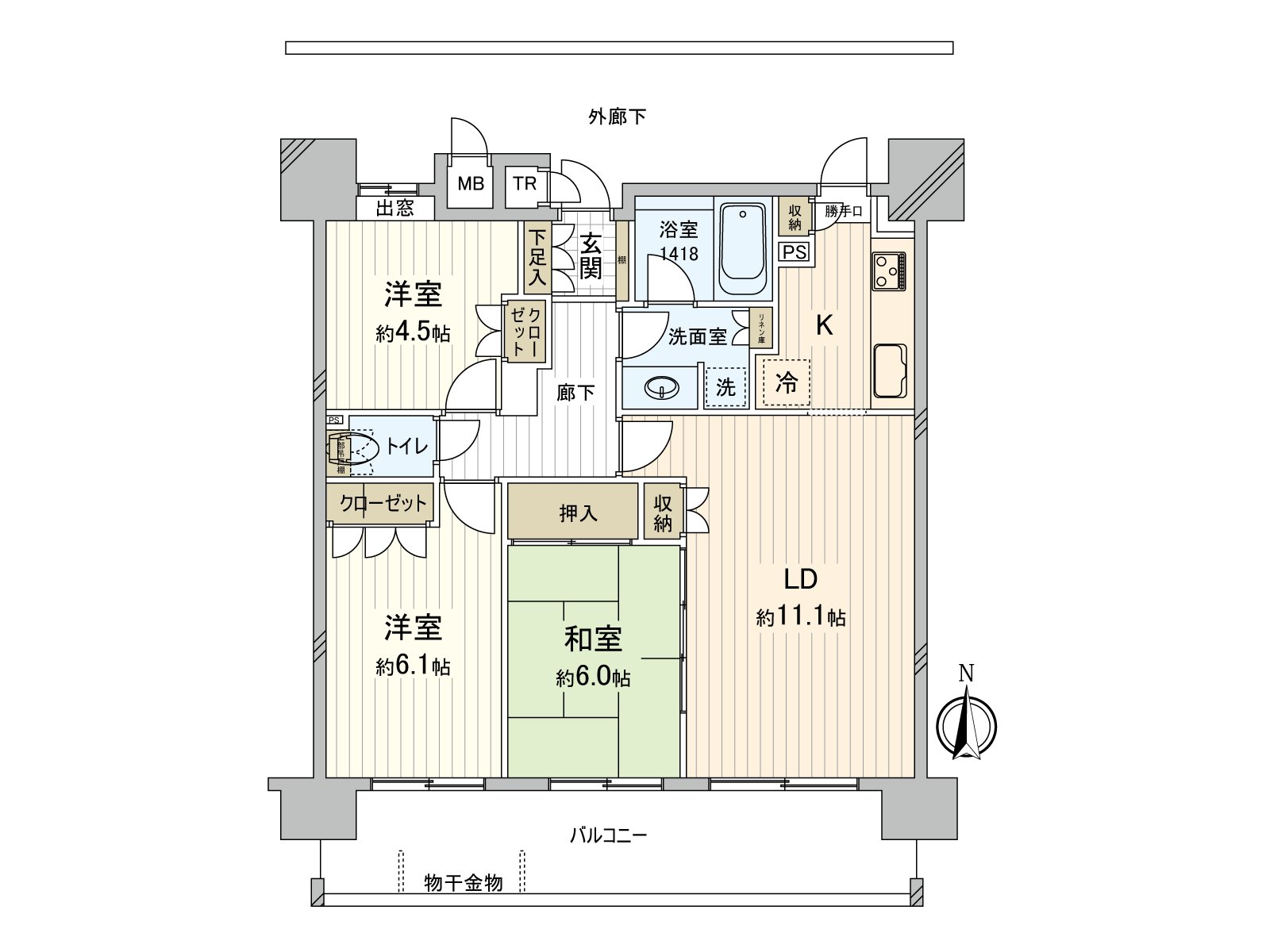 私人使用面積69.05平方公尺的3LDK住戸。存儲空間被在室內到處設立。