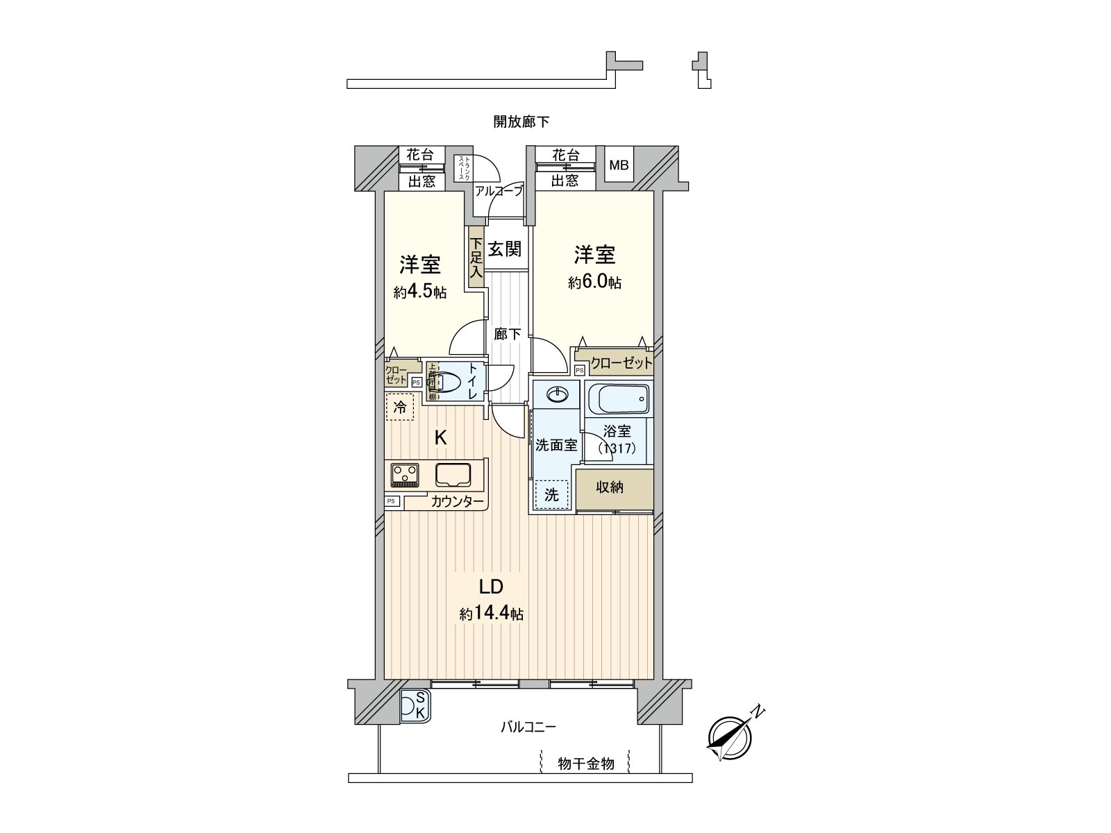 实际使用面积60.38平米的2LDK住戸。向12层楼9楼部分东南有，阳光、风景良好。