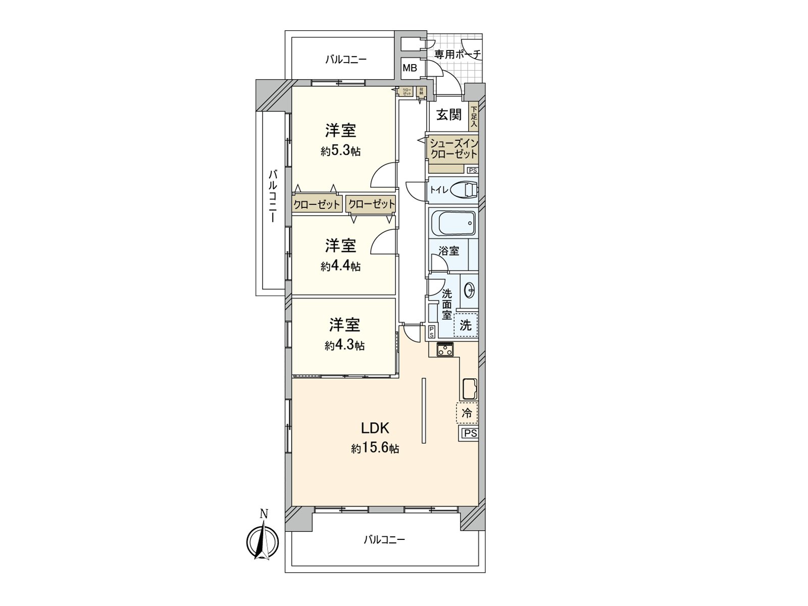 3LDK私人使用面積76.15平方公尺(約23.03坪)