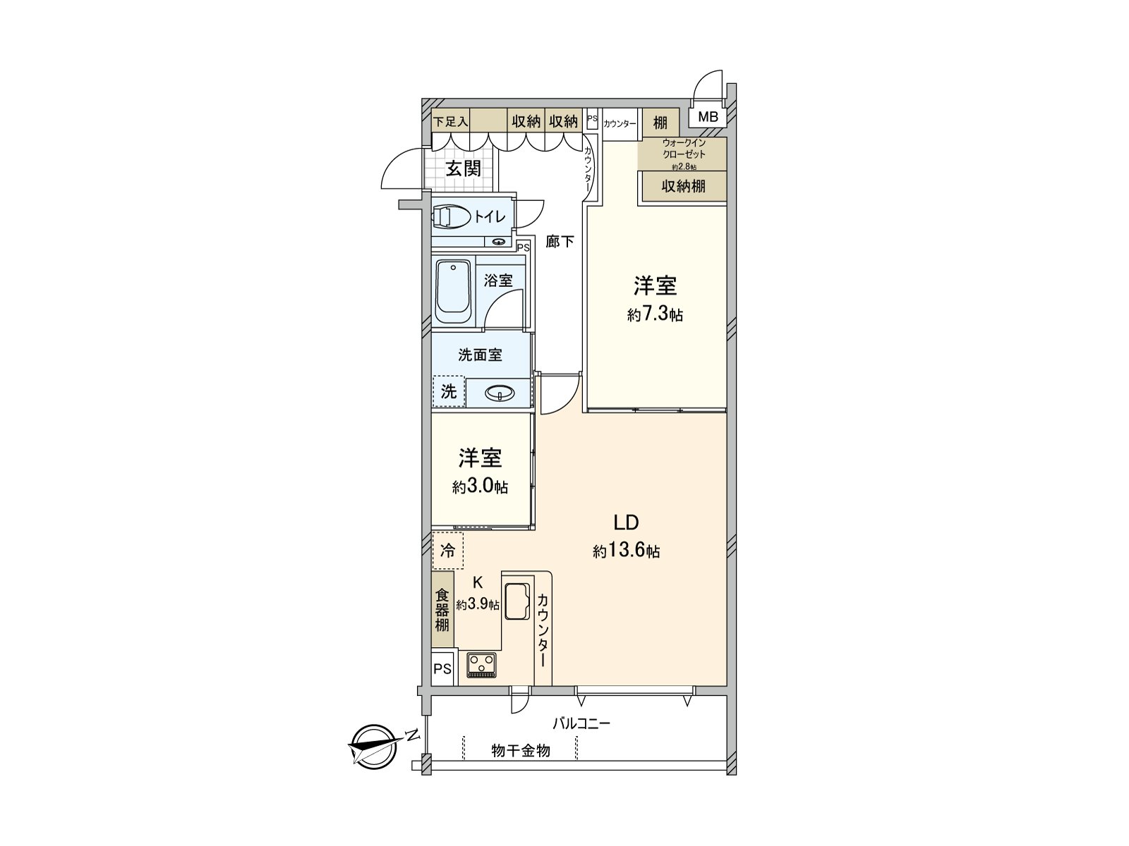 Asahi enters the living room of about 17.5 quires of LDK, East Orientation.