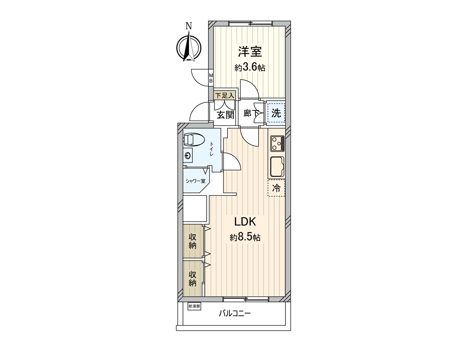 私人使用面積32.97平方公尺(約9.97坪)1LDK朝南住戸