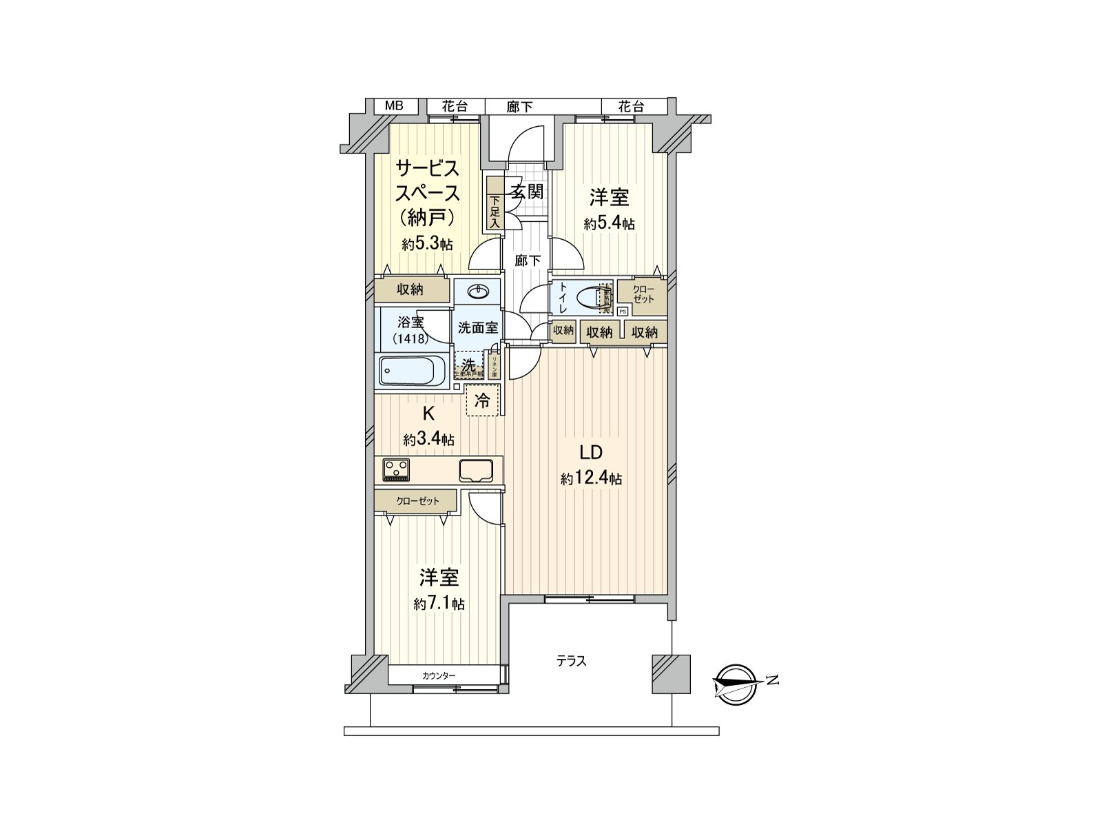 2SLDK ※The S service space is a storeroom; 72.14 square meters of exclusive area (about 21.82 tsubo)