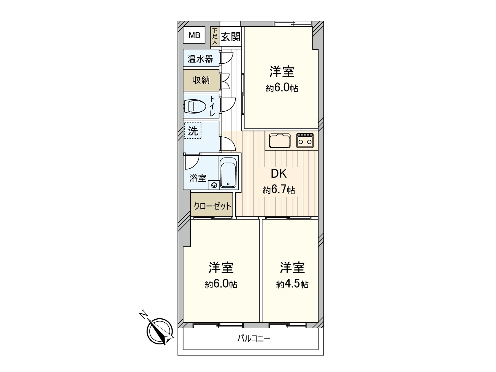 Southwest Orientation dwelling unit of exclusive area 48.76 square meters (about 14.74 tsubo) 3DK