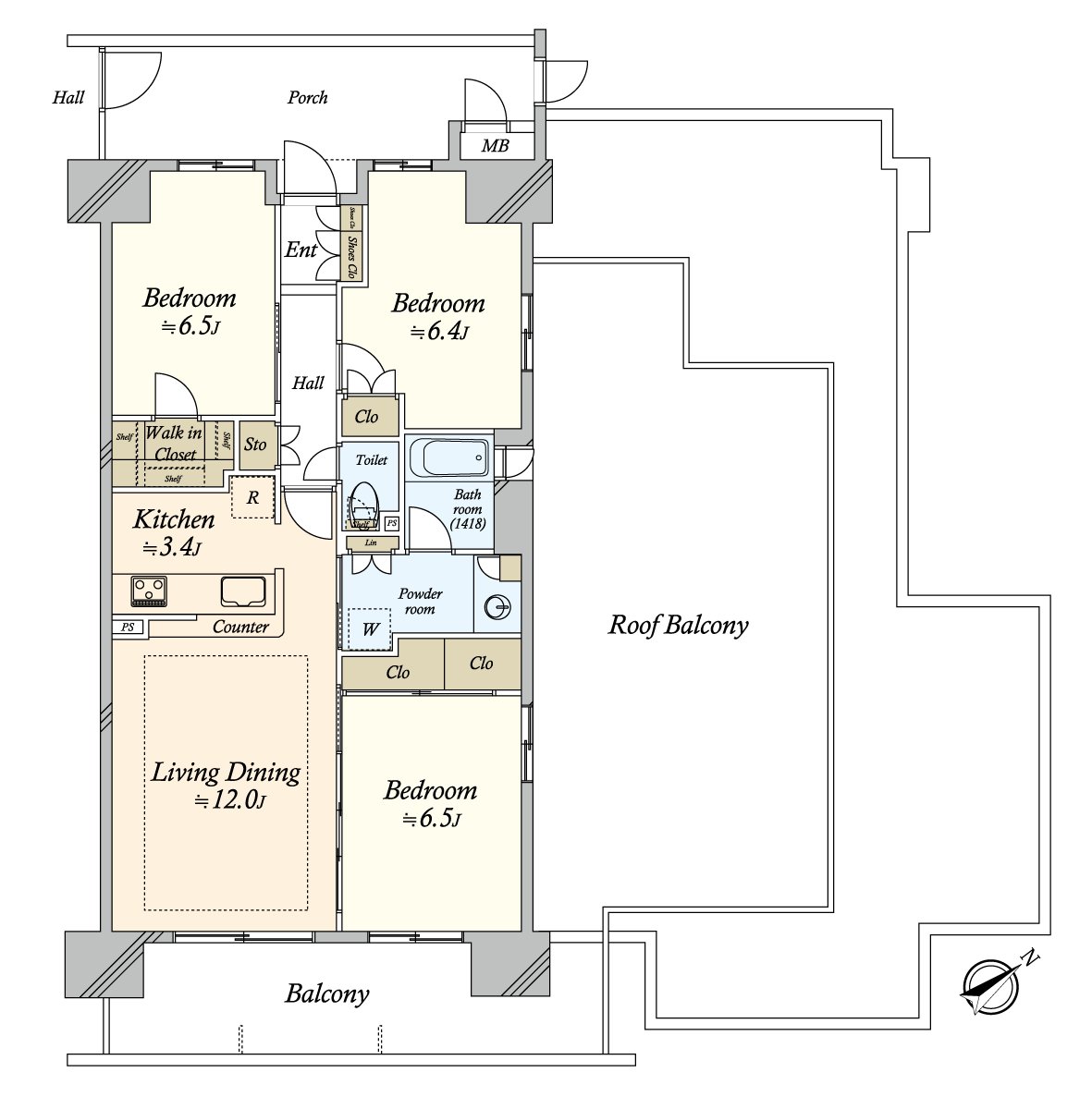 房型图(44.38平米屋顶有阳台)