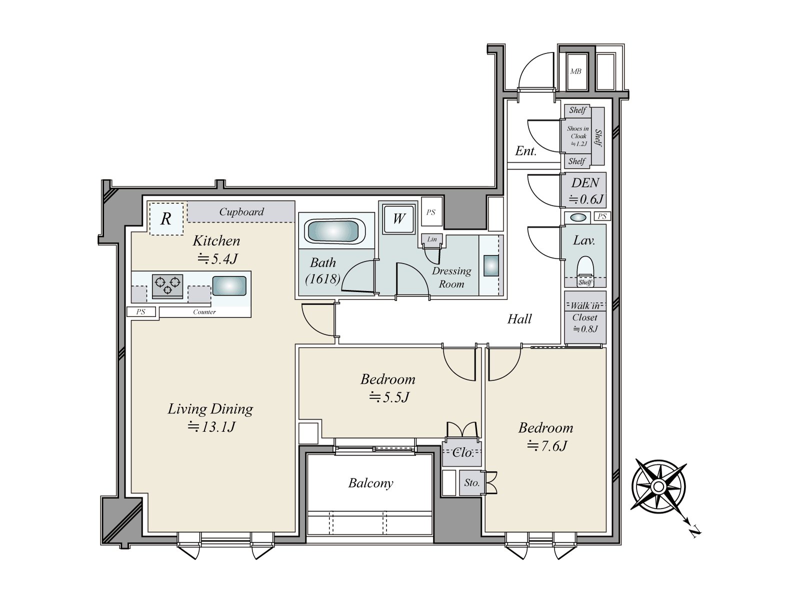 間取図北東向き、82.05平米、2LDK2階部分（下階に住戸はございません）