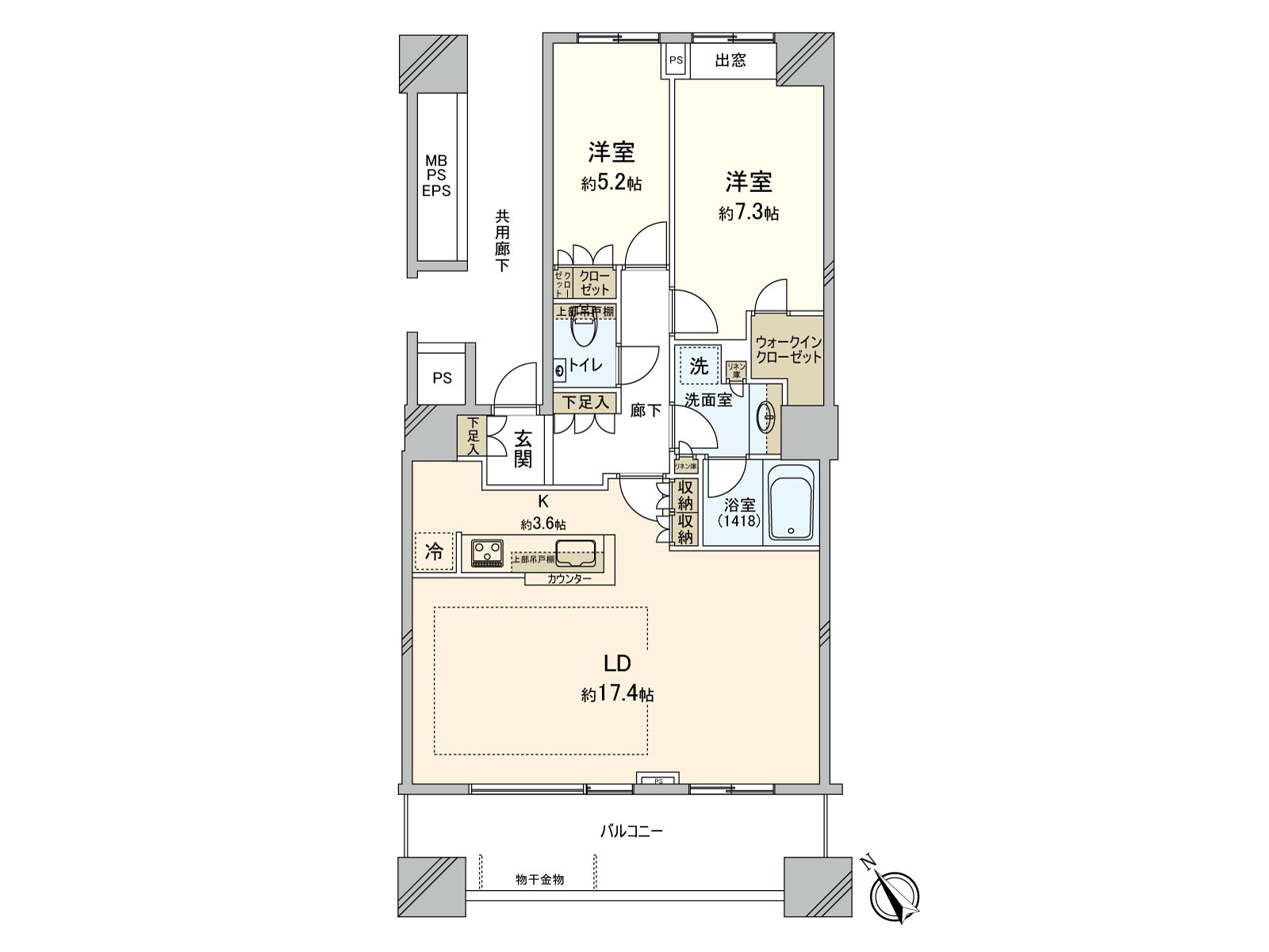 2LDK of 75.01 square meters of exclusive area. The storage space such as WIC is abundant, too.