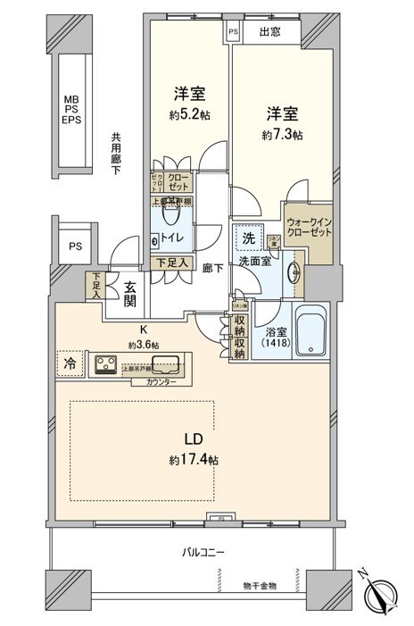 私人使用面積75.01平方公尺的2LDK。WIC存儲空間也豐富。