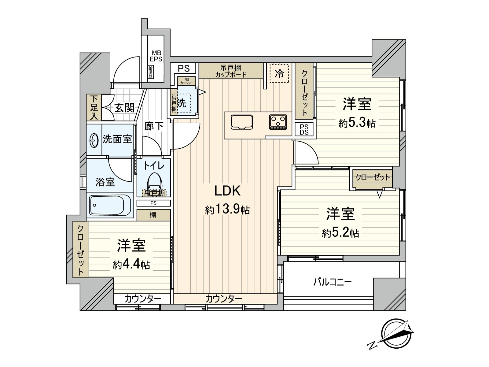 61.21 square meters of exclusive area, 3LDK, three-sided corner unit
