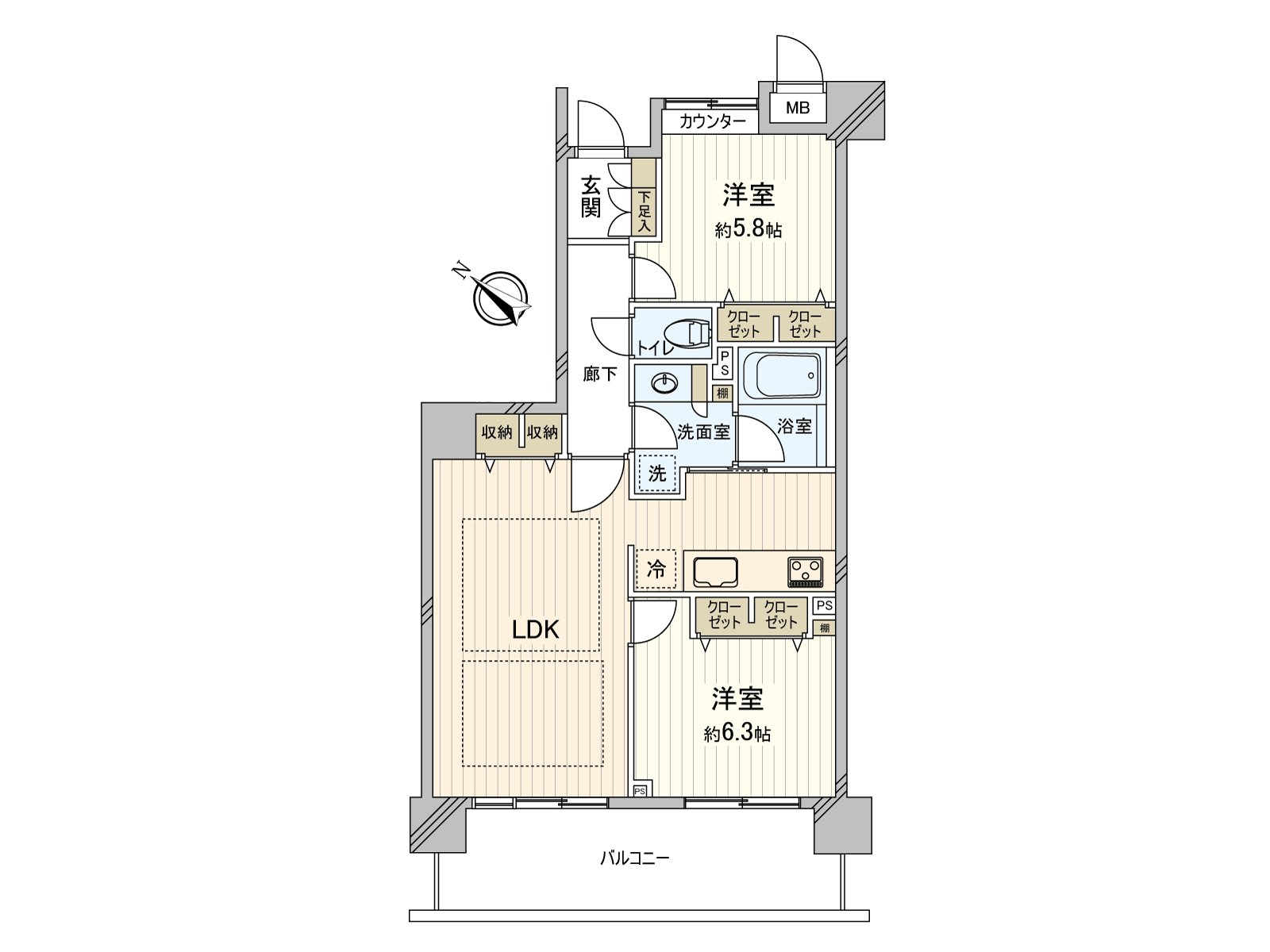 63.91平米の２LDKタイプの住戸