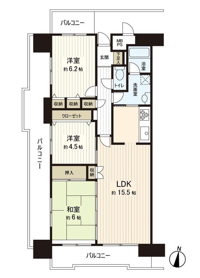 在约72平米的3LDK 3方向有阳台的采光房