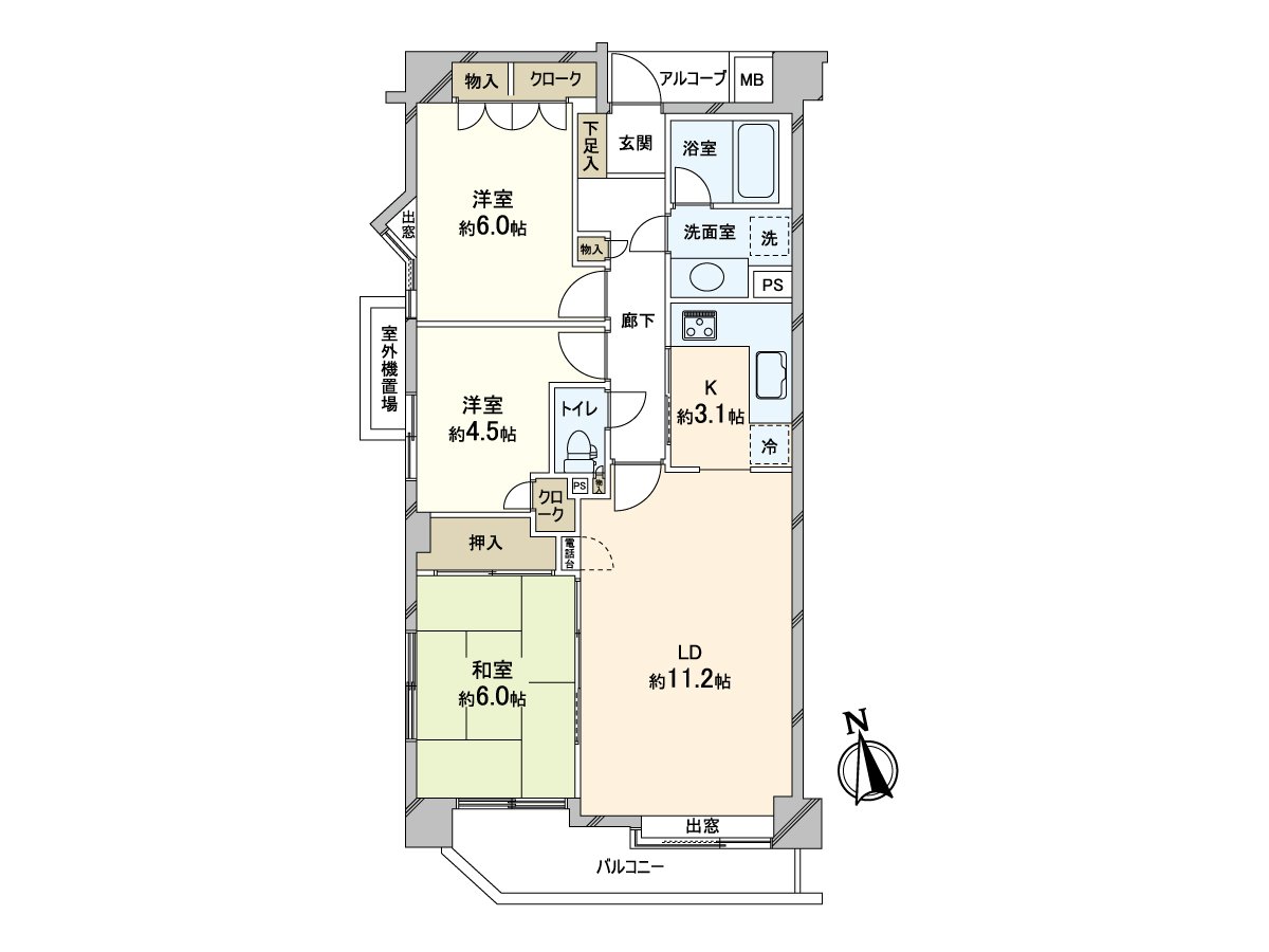 在西南转角房间实际使用面积70.29平米的3LDK