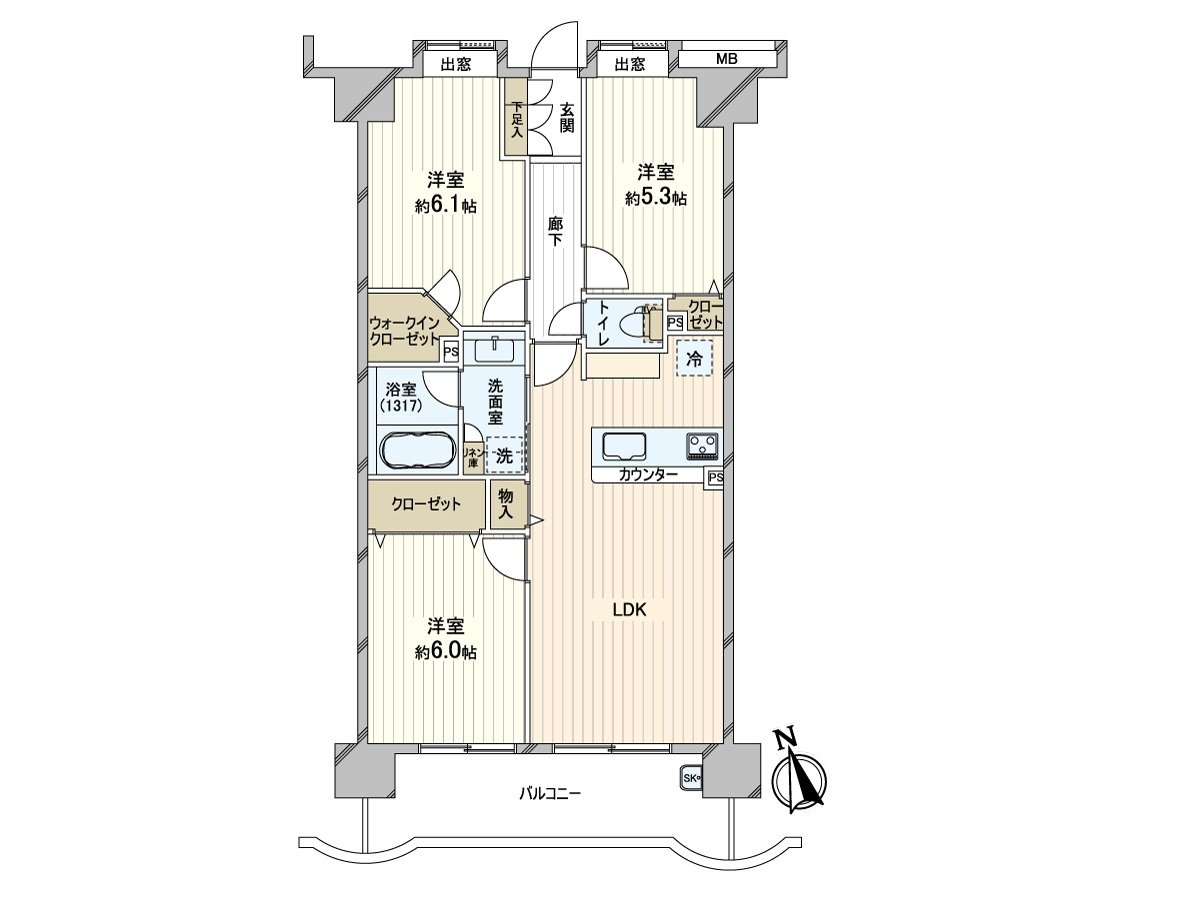 3LDK of 66.60 square meters of exclusive area.