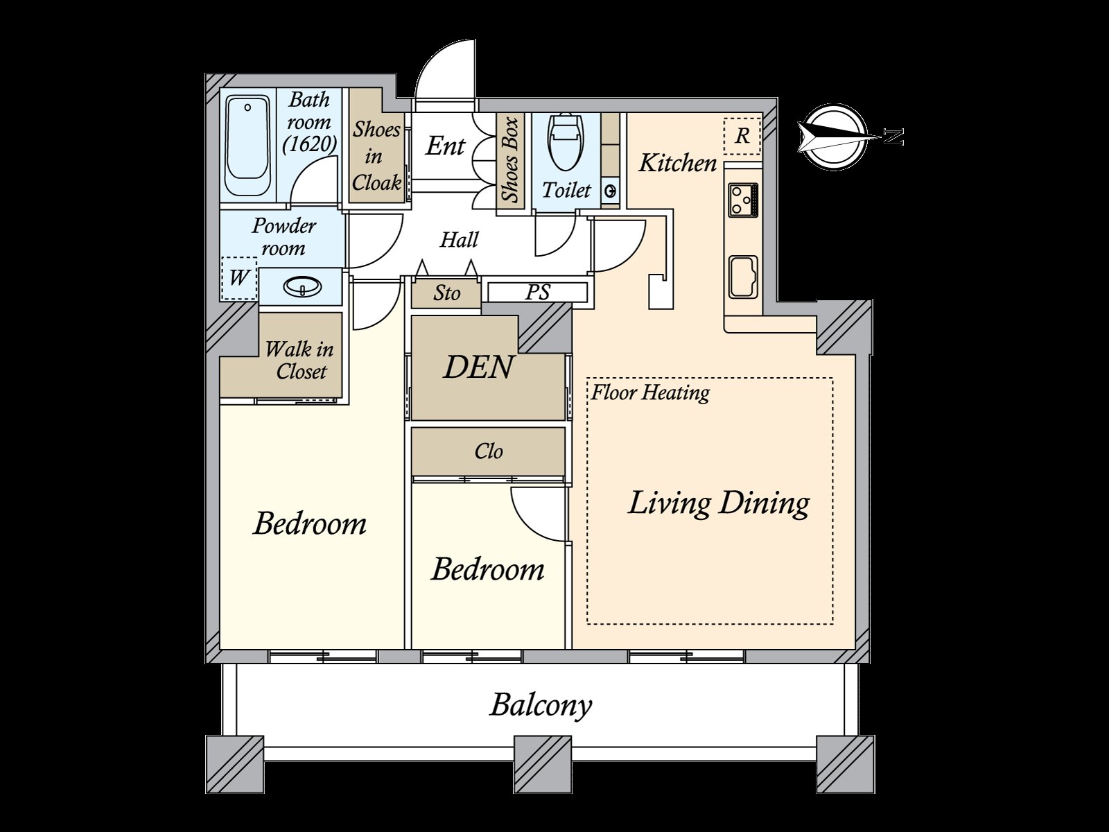 面向適合全居室東面的陽台的2LDK+DEN。客廳·餐廳有地板暖氣。包括WIC以及SIC在內，到處具有收納設備，能廣泛地確保居住空間。