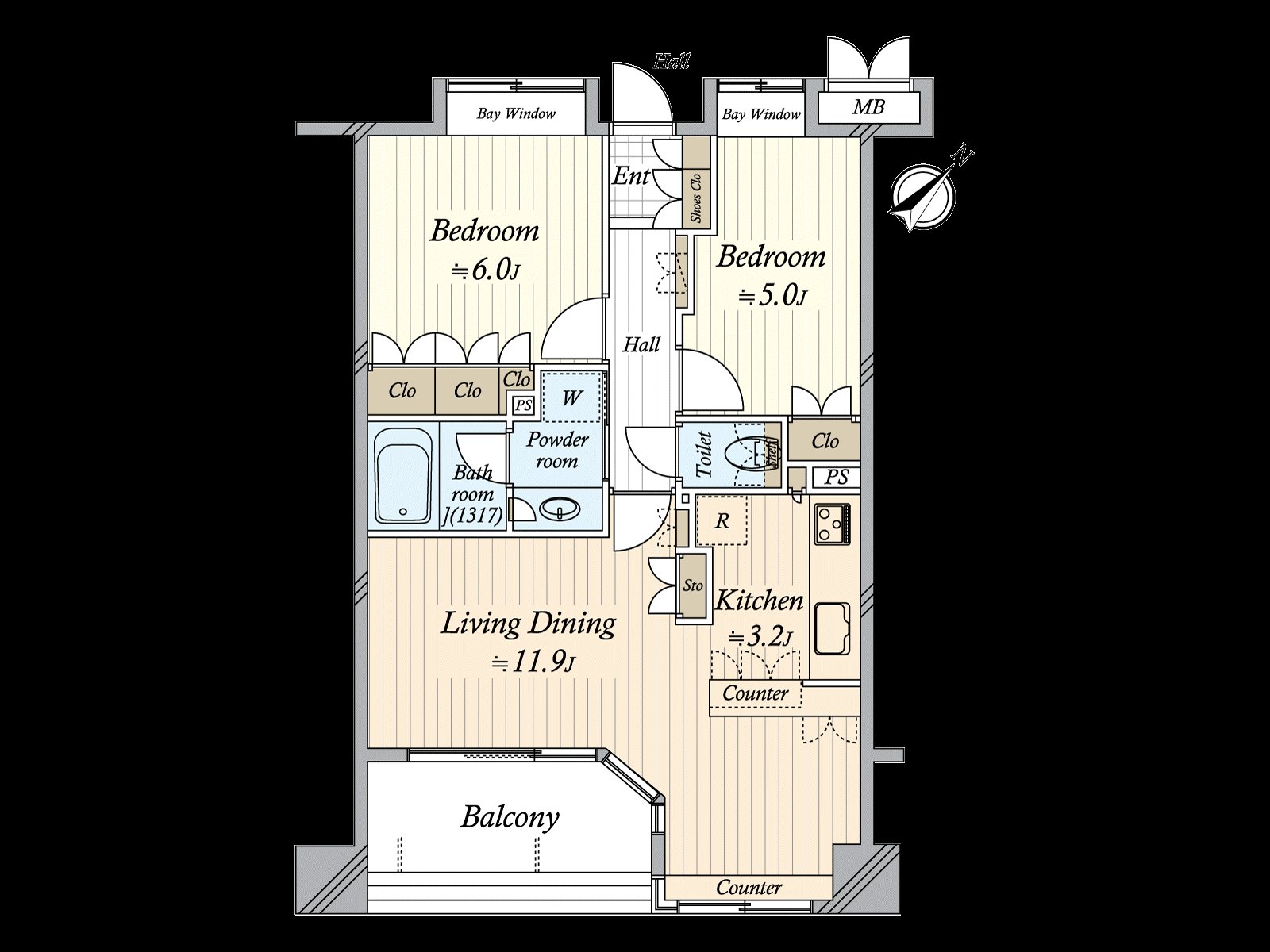 擁有適合東南的陽台的2LDK。約3.2張塌塌米廚房能集中於烹調為離獨立型近的形狀。有全居室收納，并且被和感覺清醒整理住空間。