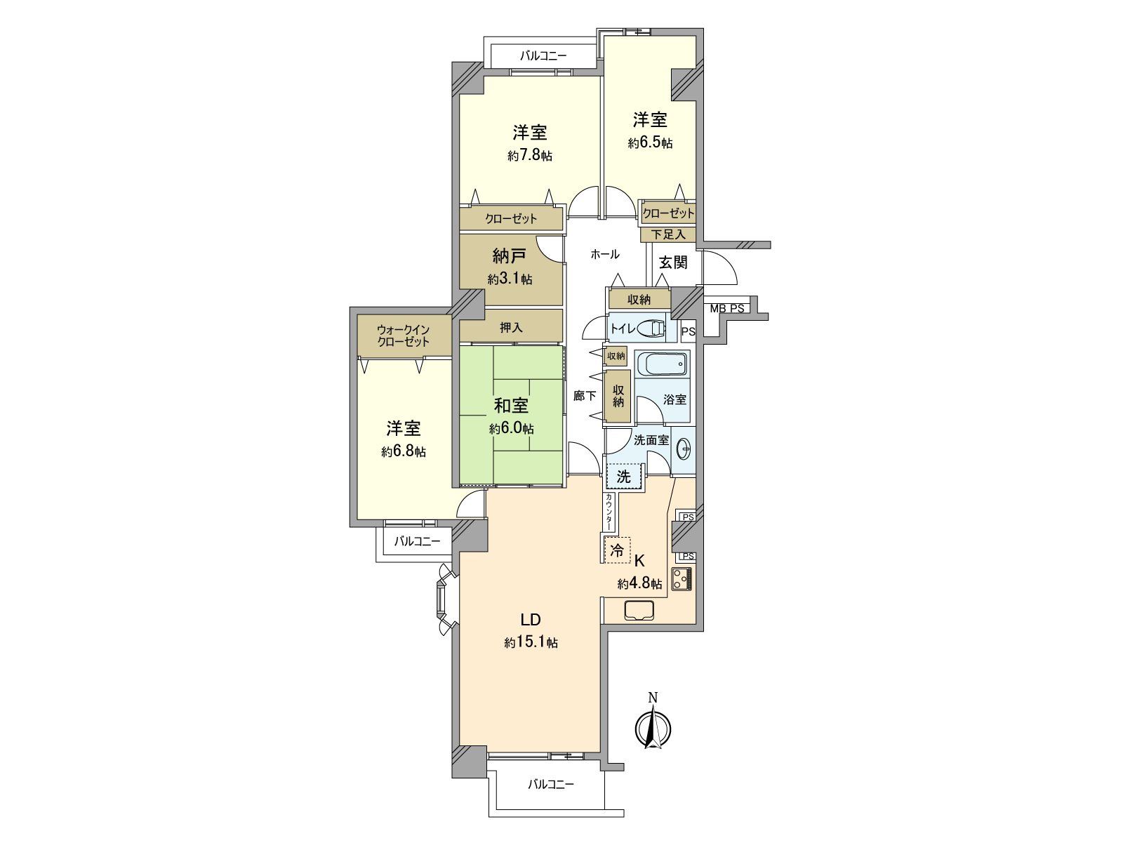 115.65 square meters of 4LDK. A dwelling unit of the Facing South that front Building has good view and exposure to the sun because of a low-rise building in Building No. 7.