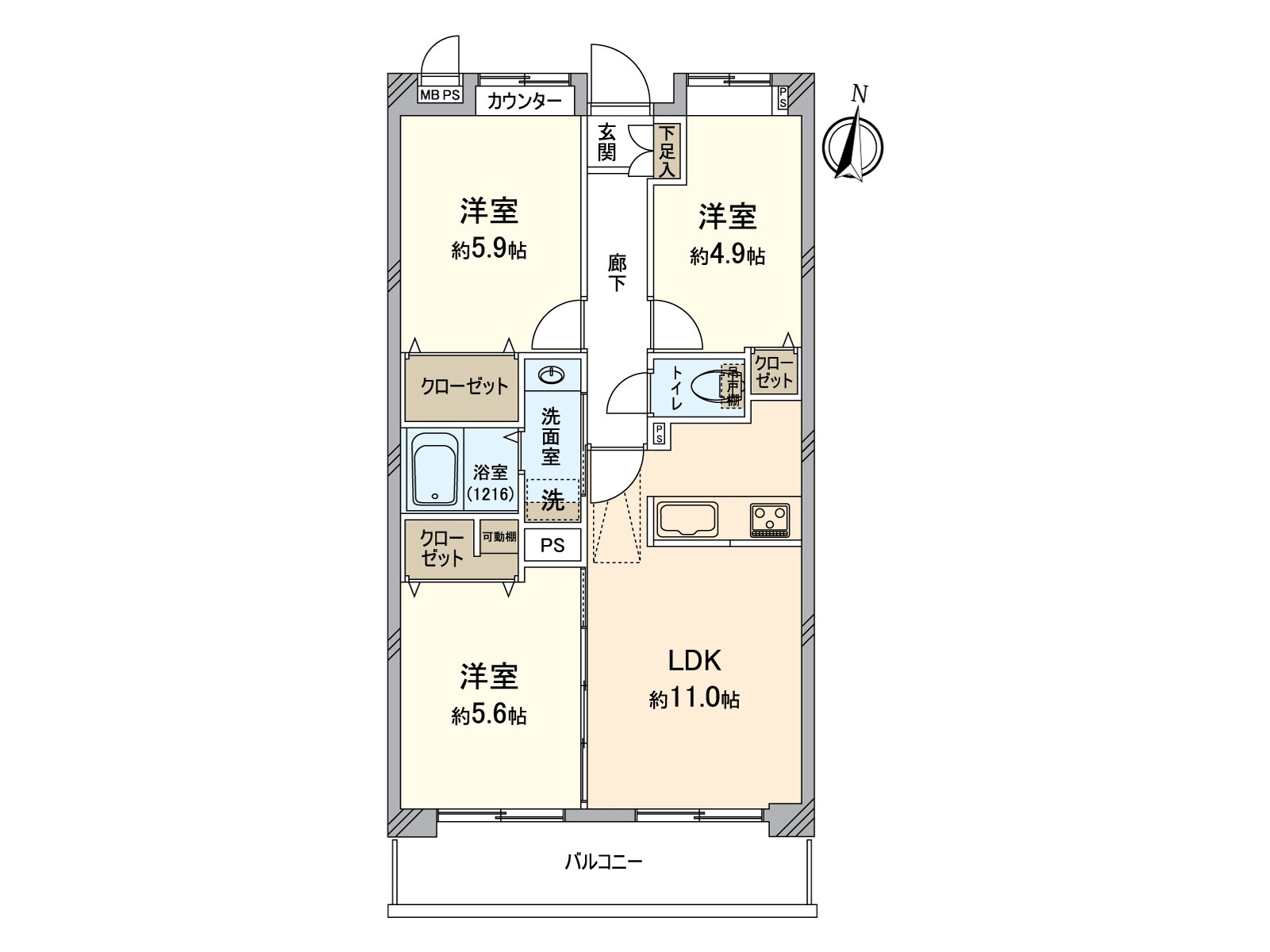 3LDK of exclusive area 61.92 square meters
