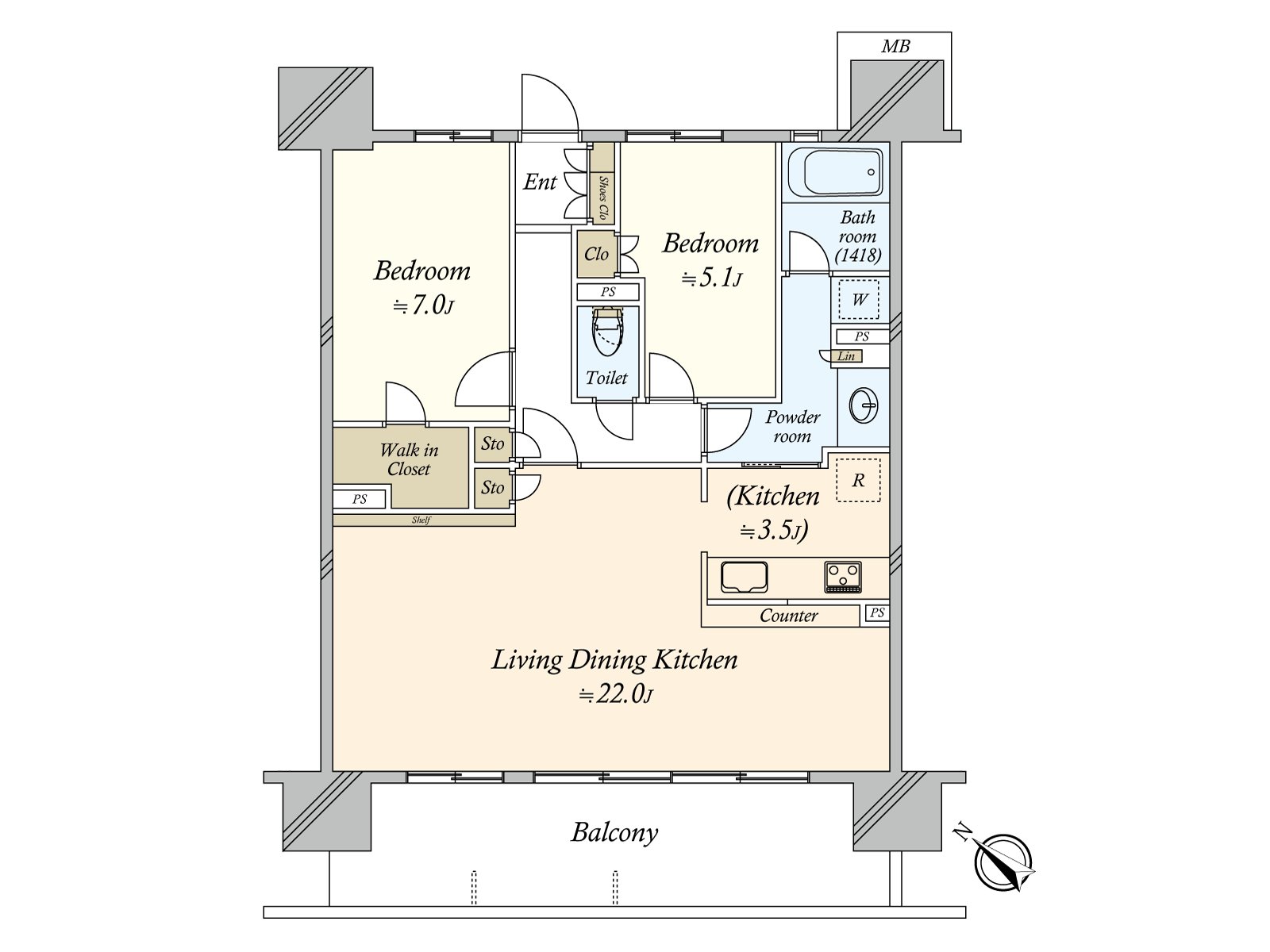 因为全居室有存储空间所以能和感觉清醒保持住空間。能从厨房进出洗脸室，是被对家务流迹线考虑的房型设计。