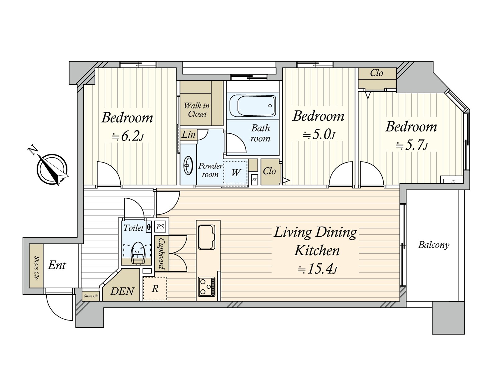 There is the abundant storage space such as WIC, DEN, a cupboard. LDK is a certain space about 15.4 tatami.