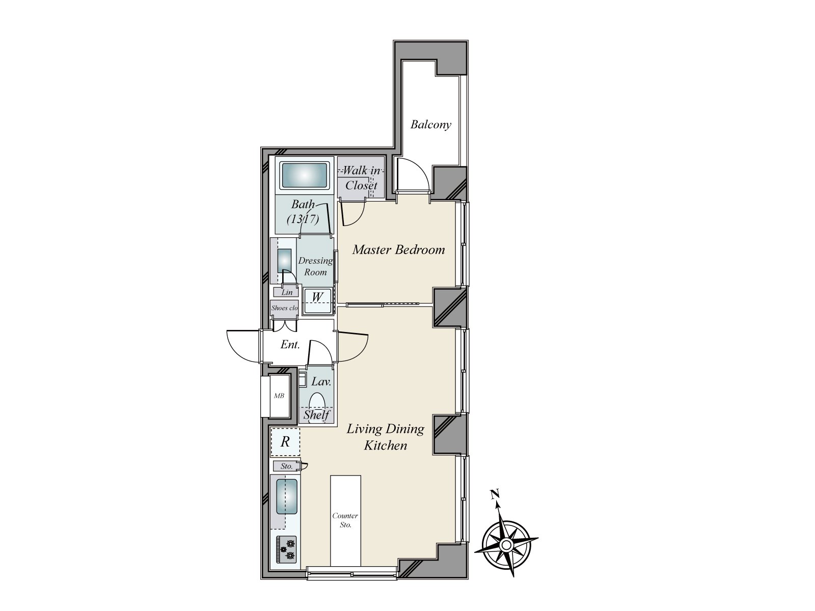 是位于地上9层的5楼部分的朝南的采光房。丰富有WIC或者柜台下边等的收纳。硅藻土Cross被采用，能期待着调湿效果。