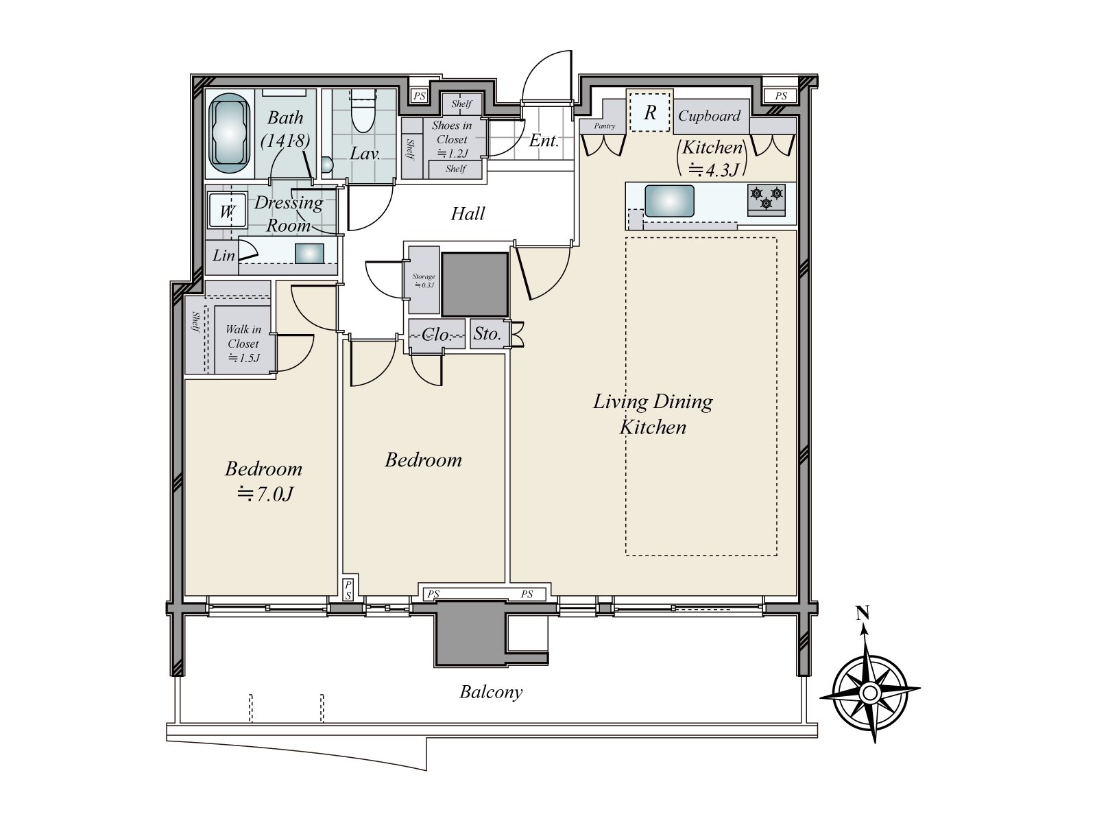 包括步入式衣帽间在内的丰富的收藏被设定的住戸。全居室面向阳台，有开放感觉。