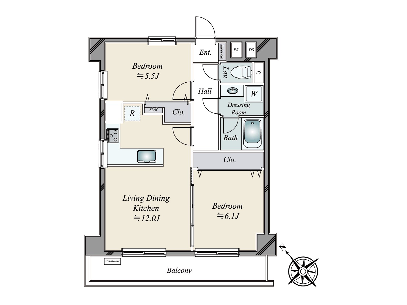 是具有南西的阳台的2LDK住戸。从门口，难以看得见室内，是隐私容易被保护不受外面侵害的房型。