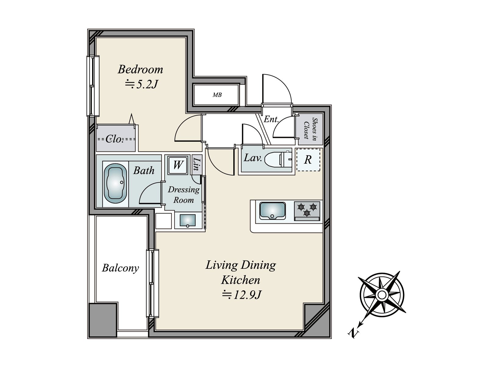 适合东北的1LDK。是来自外面的隐私容易被保护不受门口侵害用难以看得见室内的设计的房型。