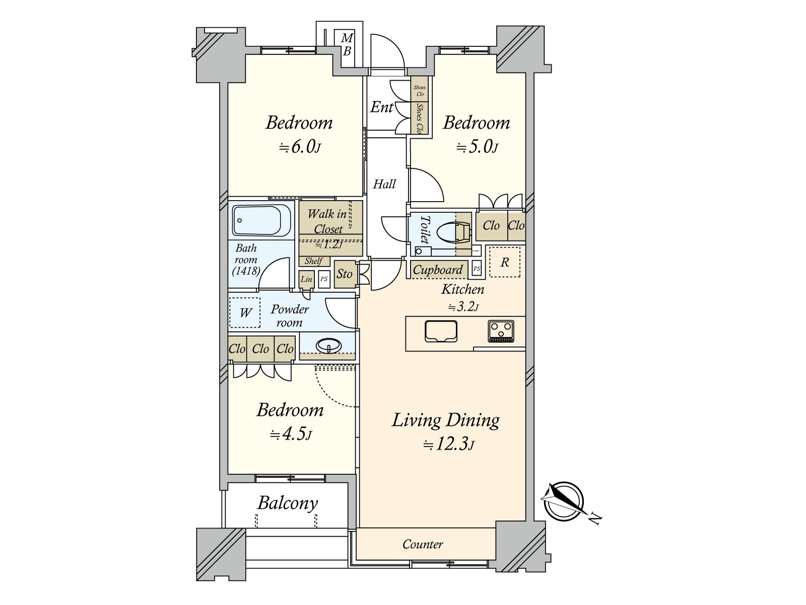 全居室に収納がある、3LDKの住戸です。LDKはゆとりある約15.5帖。隣接する洋室約4.5帖の戸を開放して一体利用が可能です。