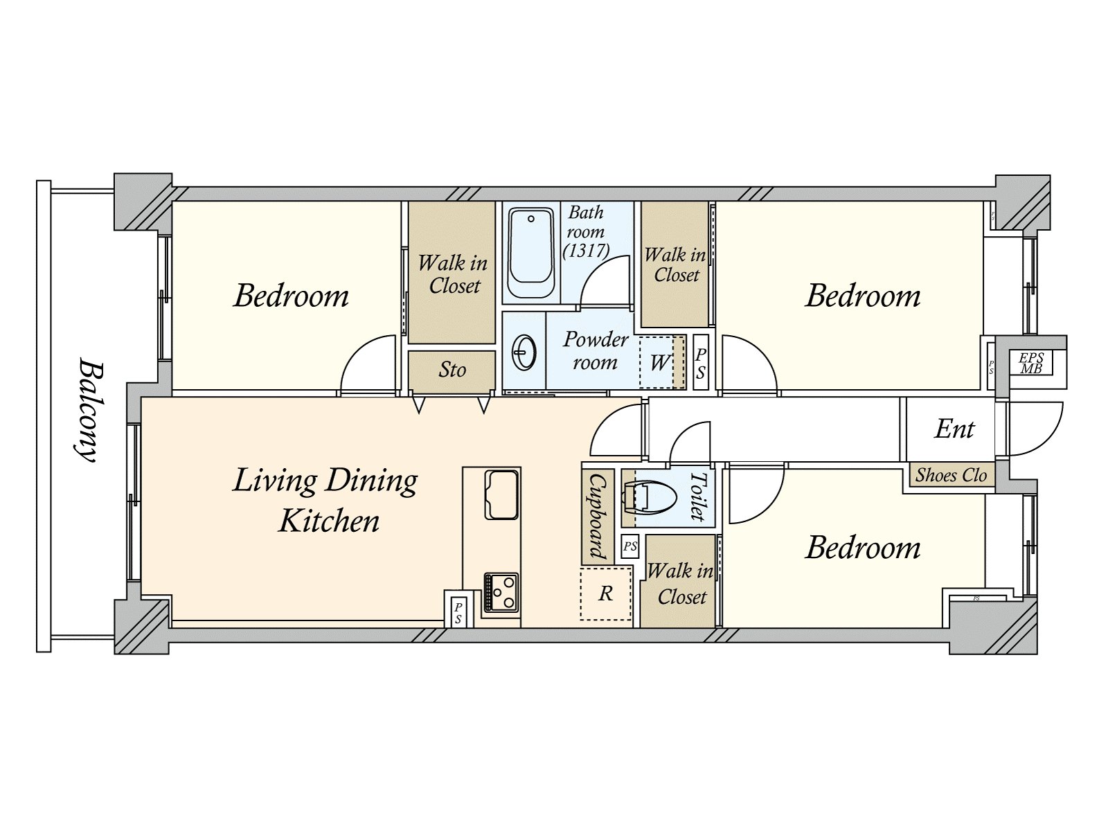 The island kitchen counter that communication bounds is adopted. Each Western-style room is provided with WIC and seems to be easy to tidy. By not taking a lot of space of the corridor, For own use space is found widely.