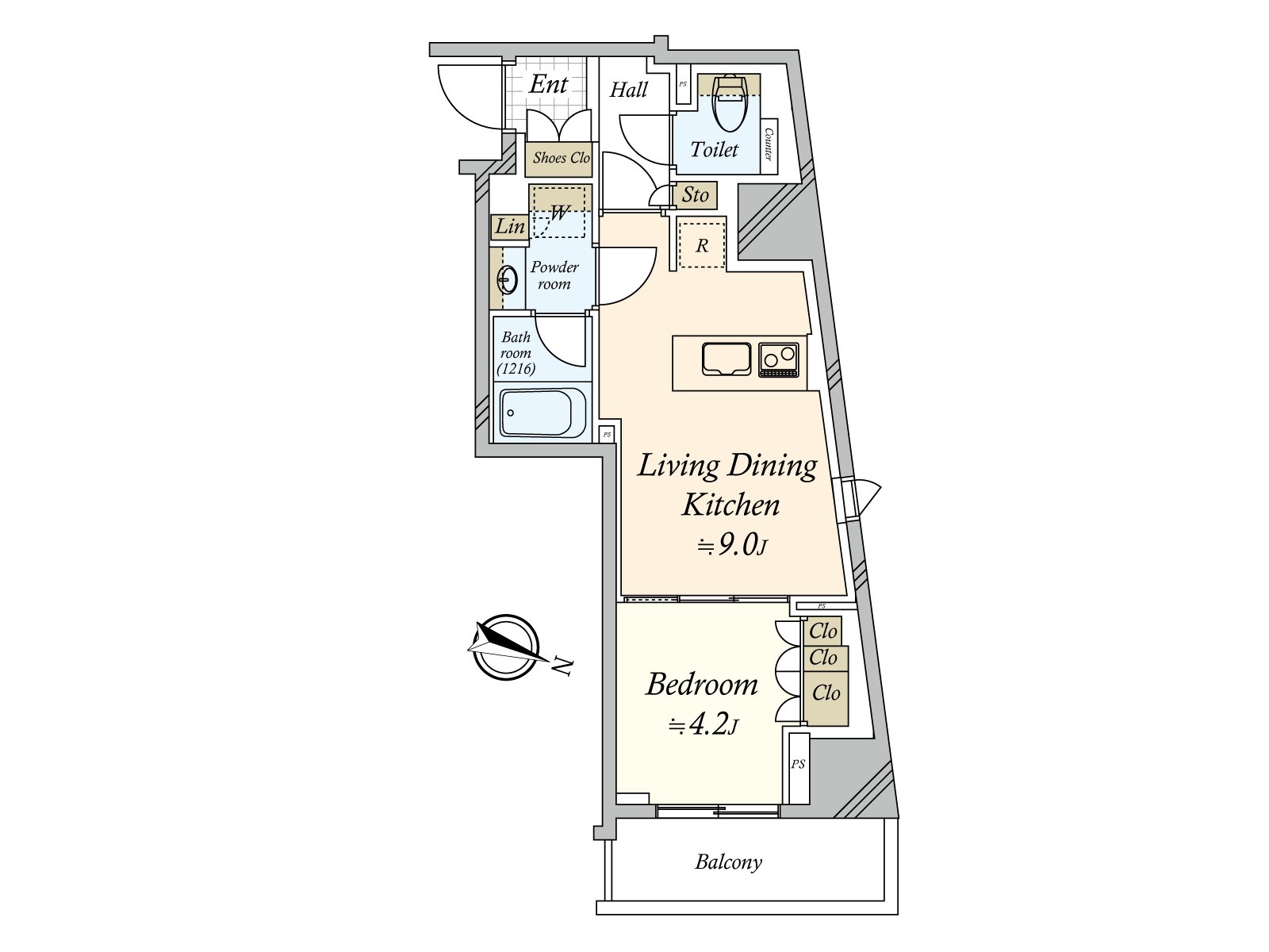 Corridor storing and storing including the storage of linen are established in the everywhere and can utilize space effectively. Comings and goings are possible in Terrace facing east from a Western-style room.