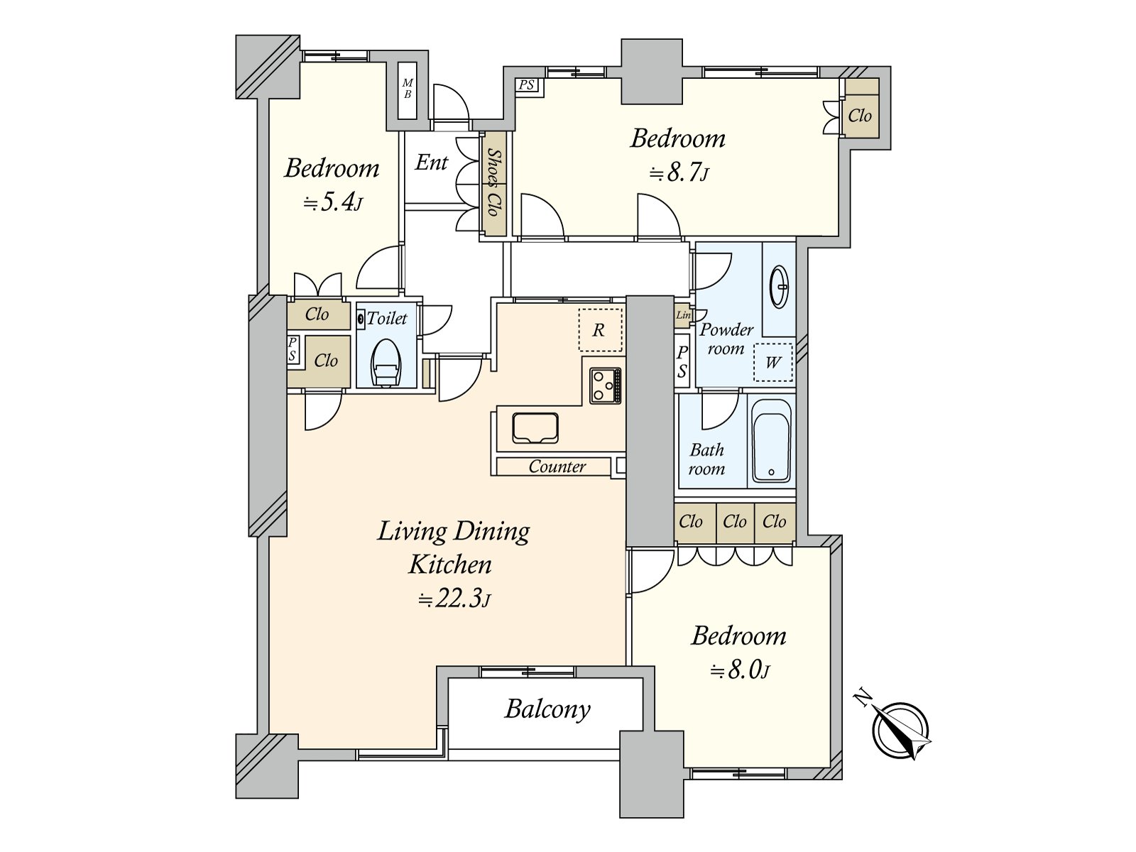 Two lighting of the Southwest ･ Northeast. It is a little exclusive area 100 flat the U.S. and Vietnam えの Plan in Building. I am able to afford five quires of all rooms or more, and the storage space is secured well, too.