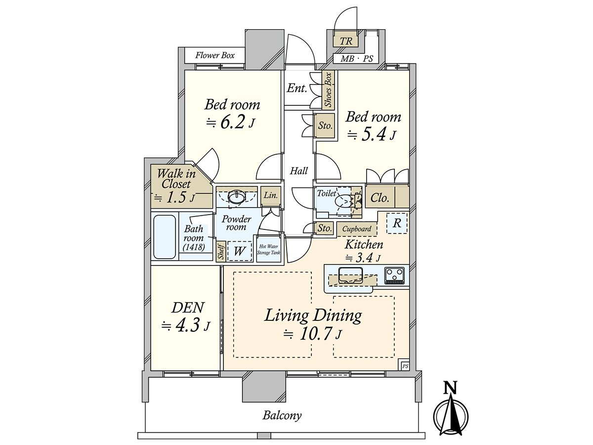 It is 68.21 square meters of exclusive area, Plan of the 3LDK. (DEN is included in 3LDK.)
