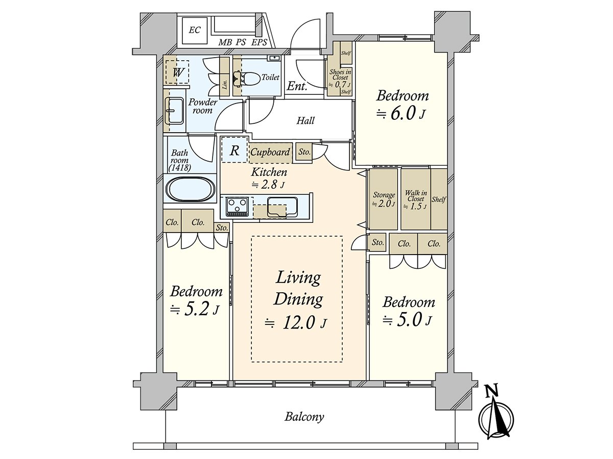 It is 3LDK of 74.25 square meters of exclusive area.