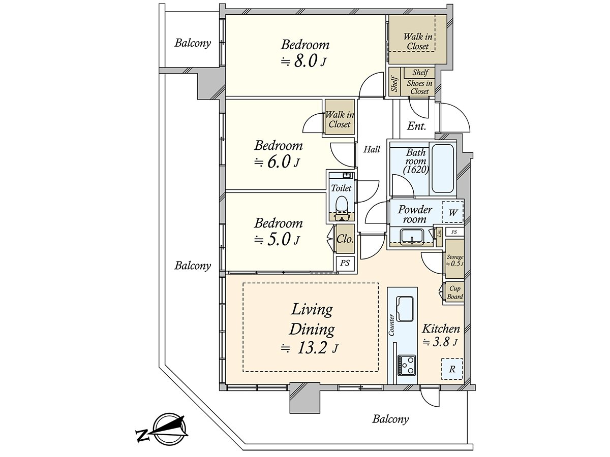 It is 81.19 square meters of exclusive area, Plan of the 3LDK. There is all rooms lighting in corner unit.