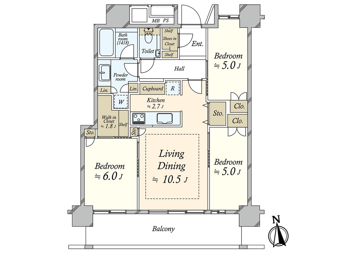 3LDK, exclusive area 70.38 square meters floor plan