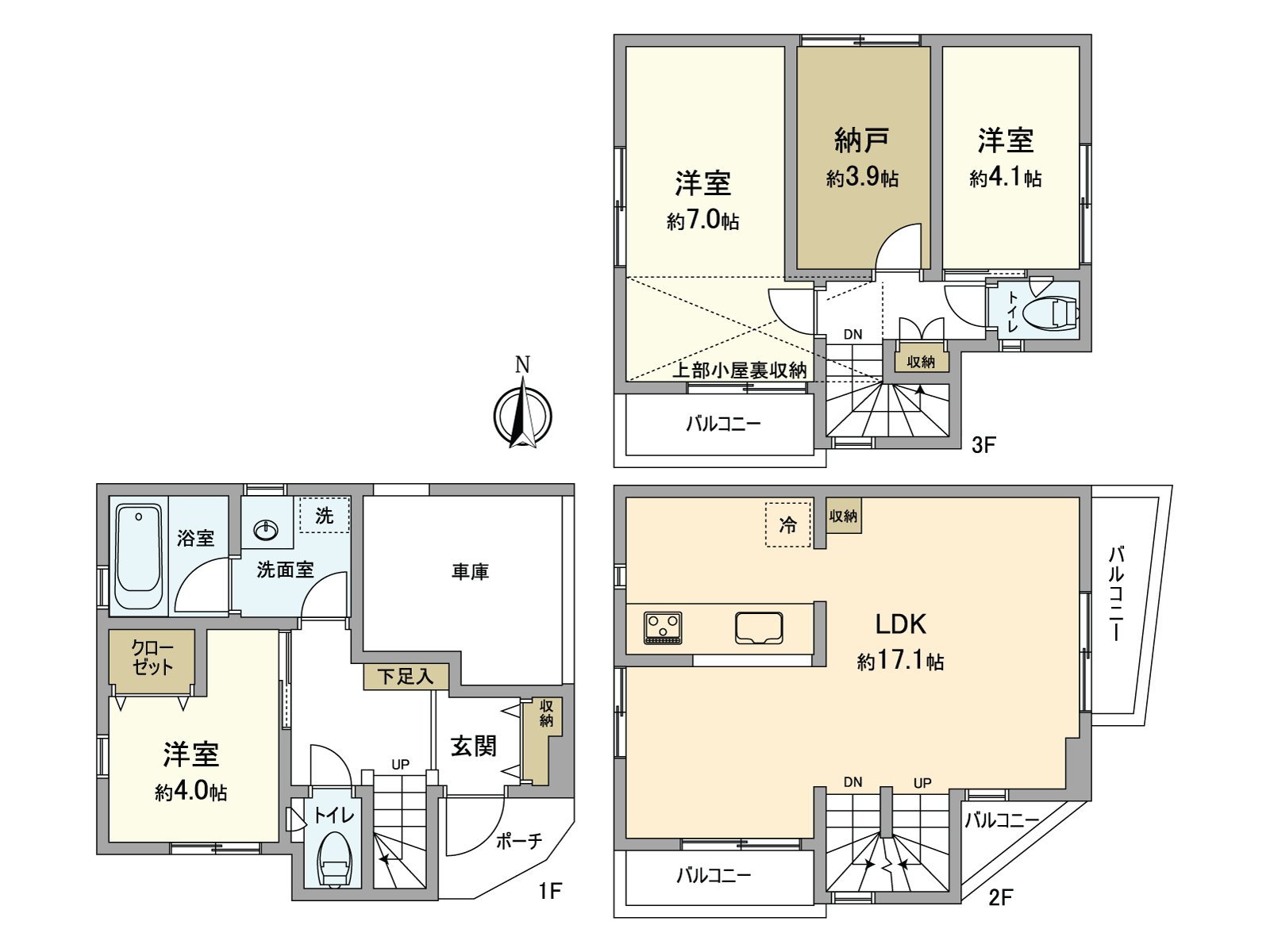 [户型平面图]因为LDK被在2楼设定所以不在意来自前面道路的视线，增长，增长，可以度过。