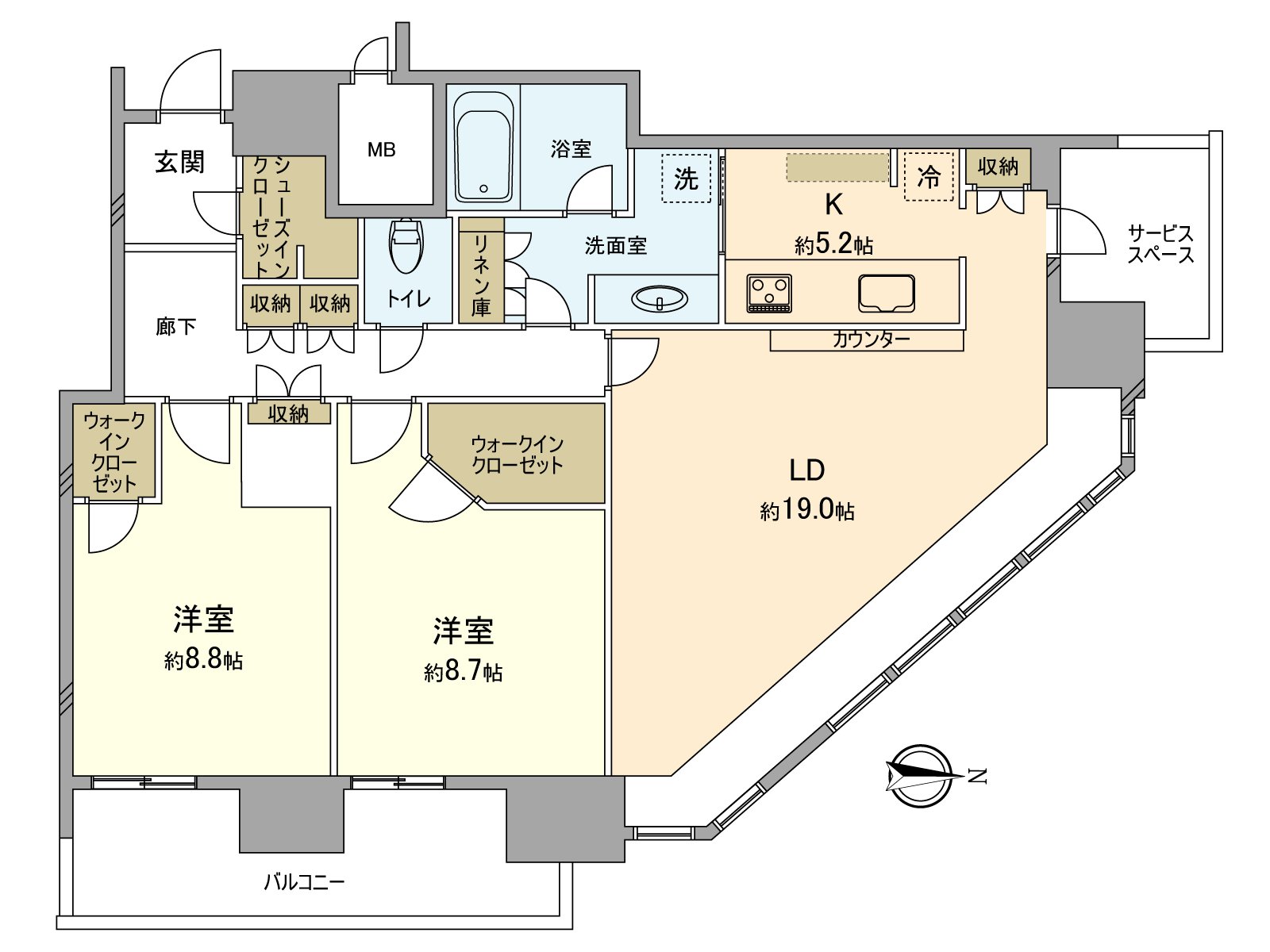 A walk-in closet and shoe closet, abundant storing including the storage of linen are established. An opening is Northeast.