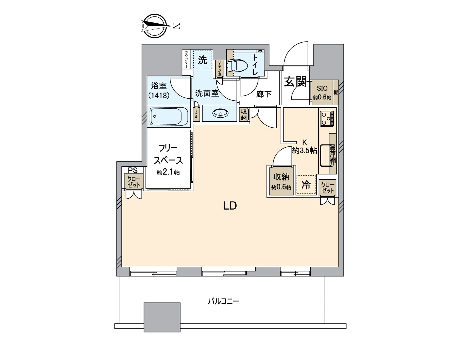 是各地方設有收納的面朝東的住戸。也能作為書齋以及愛好的空間靈活運用約2.1張塌塌米免費場地。在客餐廳的東面，3個地方開口部被準備，有開放感覺。