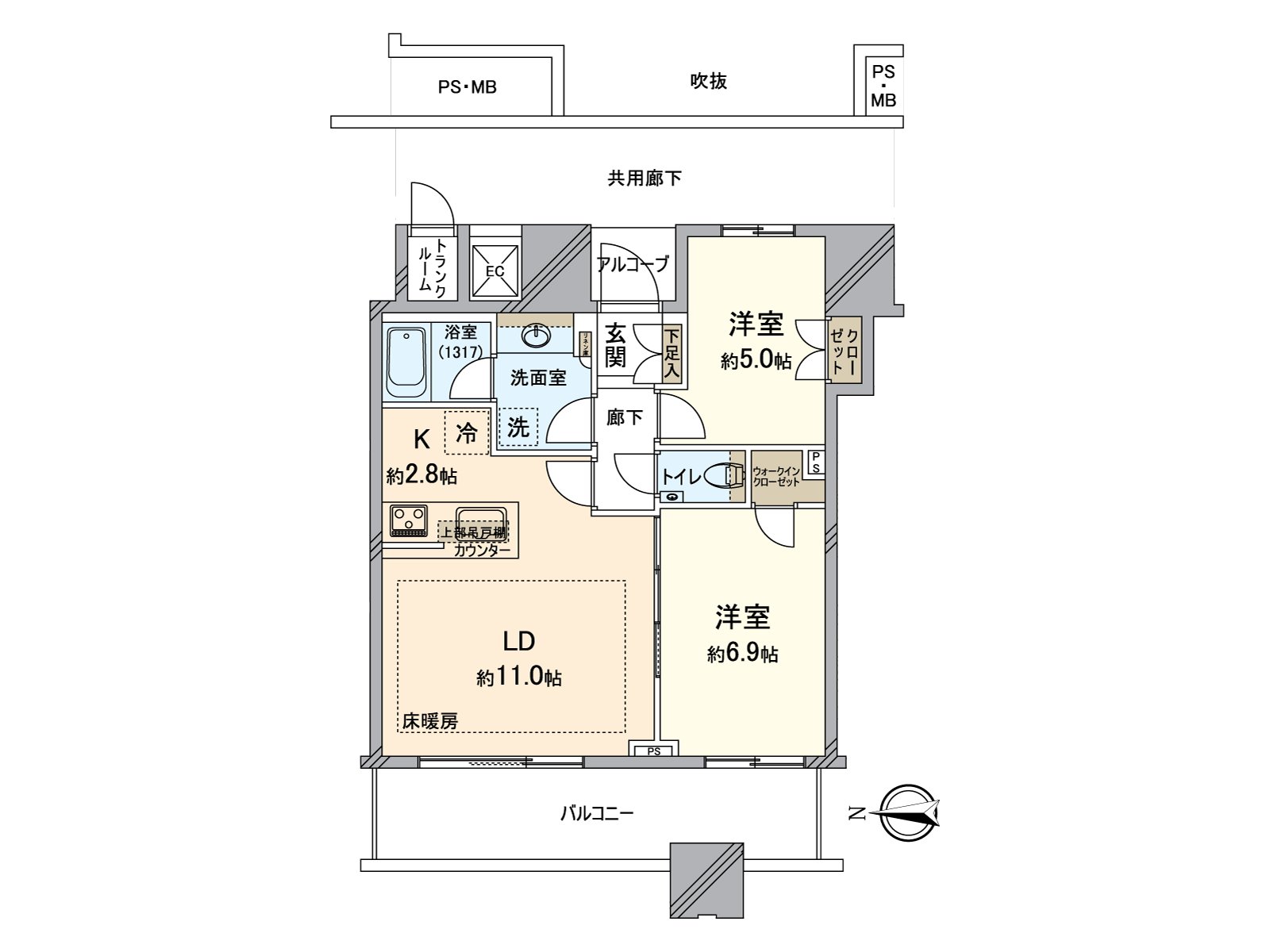 在約11.0張塌塌米客餐廳和鄰接的約6.9張塌塌米西式房間，可以到底利用。變成約合計17.9張塌塌米寬敞的空間。