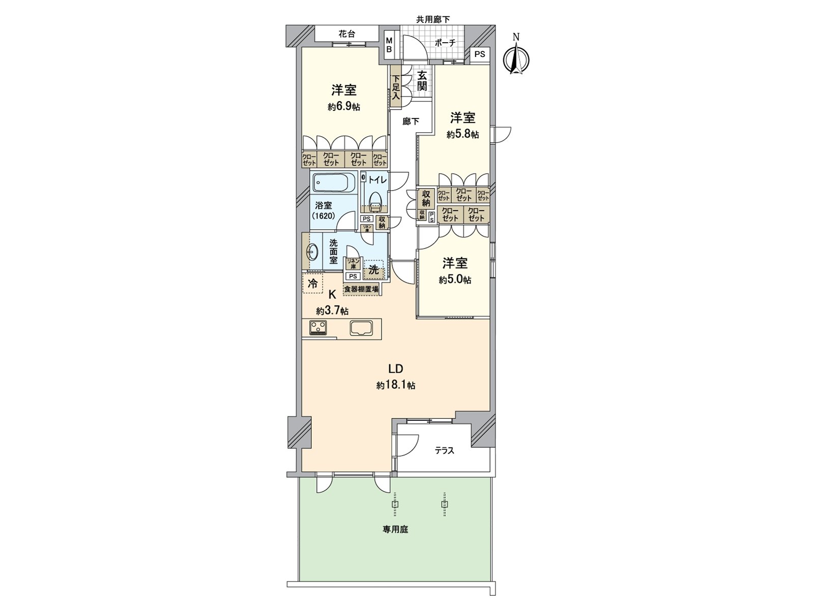 有專用Terrace和院子的東南採光房。家族聚集的客餐廳，超過18張塌塌米面積被確保。各西式房間或者走廊到處具有存儲空間。浴室是有舒適的1620尺寸。