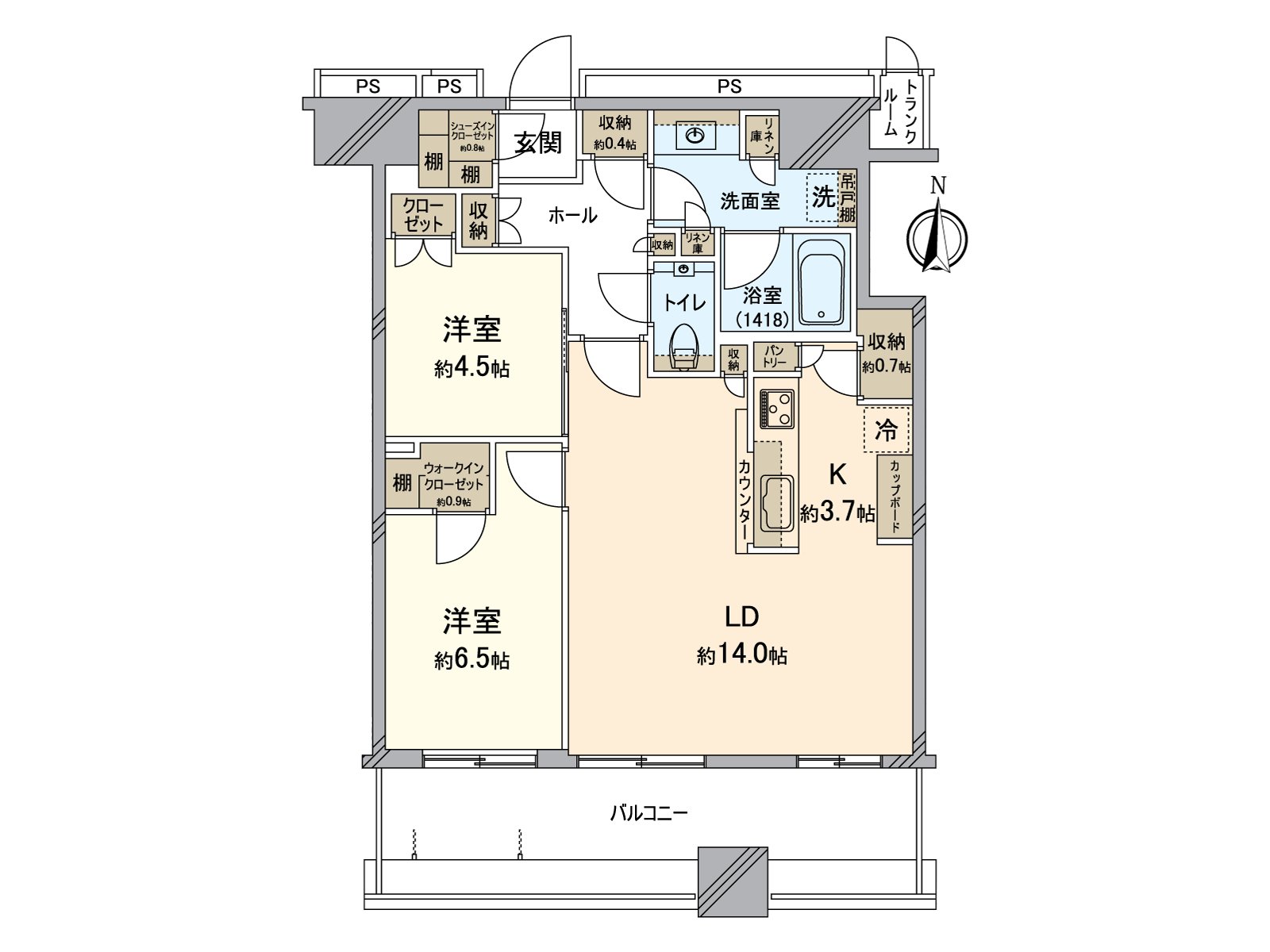 能从LDK和西式房间约6.5张塌塌米阳台进出。厨房是交流有进展的开放式。不仅全居室收纳而且，具有餐具室，SIC，好像容易做整理整顿。
