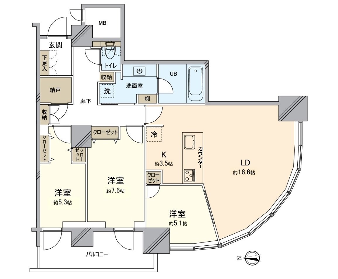 全居室是面向窗的南西3LDK。在厨房，家族的交流有进展的开放式。各西式房间，走廊，门口正设有收纳。