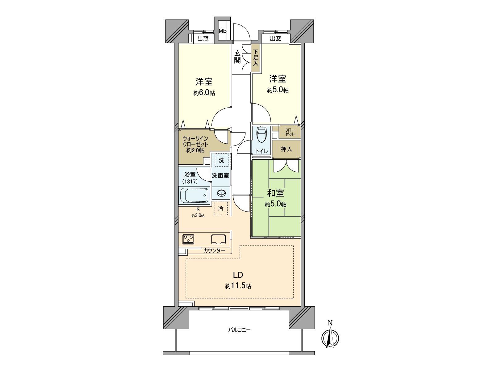 关于4楼部分的朝南的住戸，阳光、风景、通风良好。约6.0张塌塌米西式房间正设有也能从走廊一侧连接的2WAY式样的WIC(约2.0张塌塌米)。