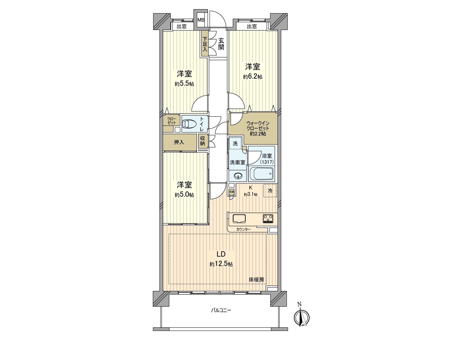 能用與做LDK和鄰室的西式房間的1具利用作為約17.5張塌塌米開放性的空間利用。包括WIC在內，因為有各西式房間收納所以能有效地靈活運用住空間。