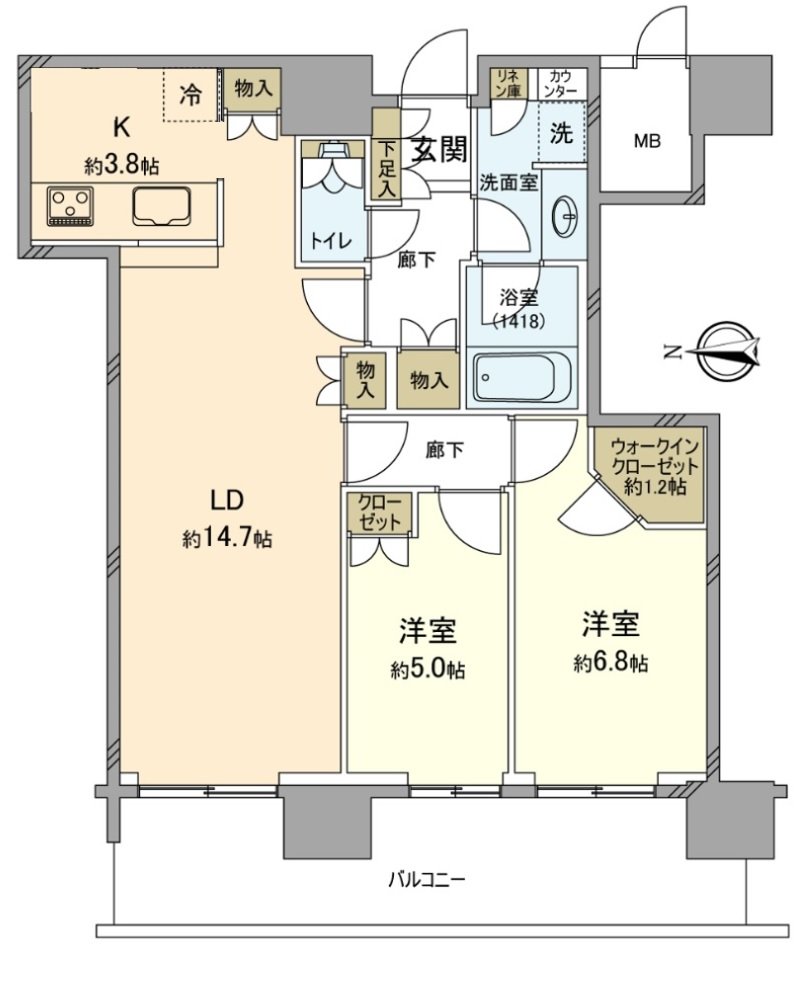 毛巾收纳处被在收纳，洗脸室除了全居室收缴付以外走廊设定的收纳丰富的2LDK的家。为了通过客餐厅各西式房间被安置，是家族的脸看上去像的房型。
