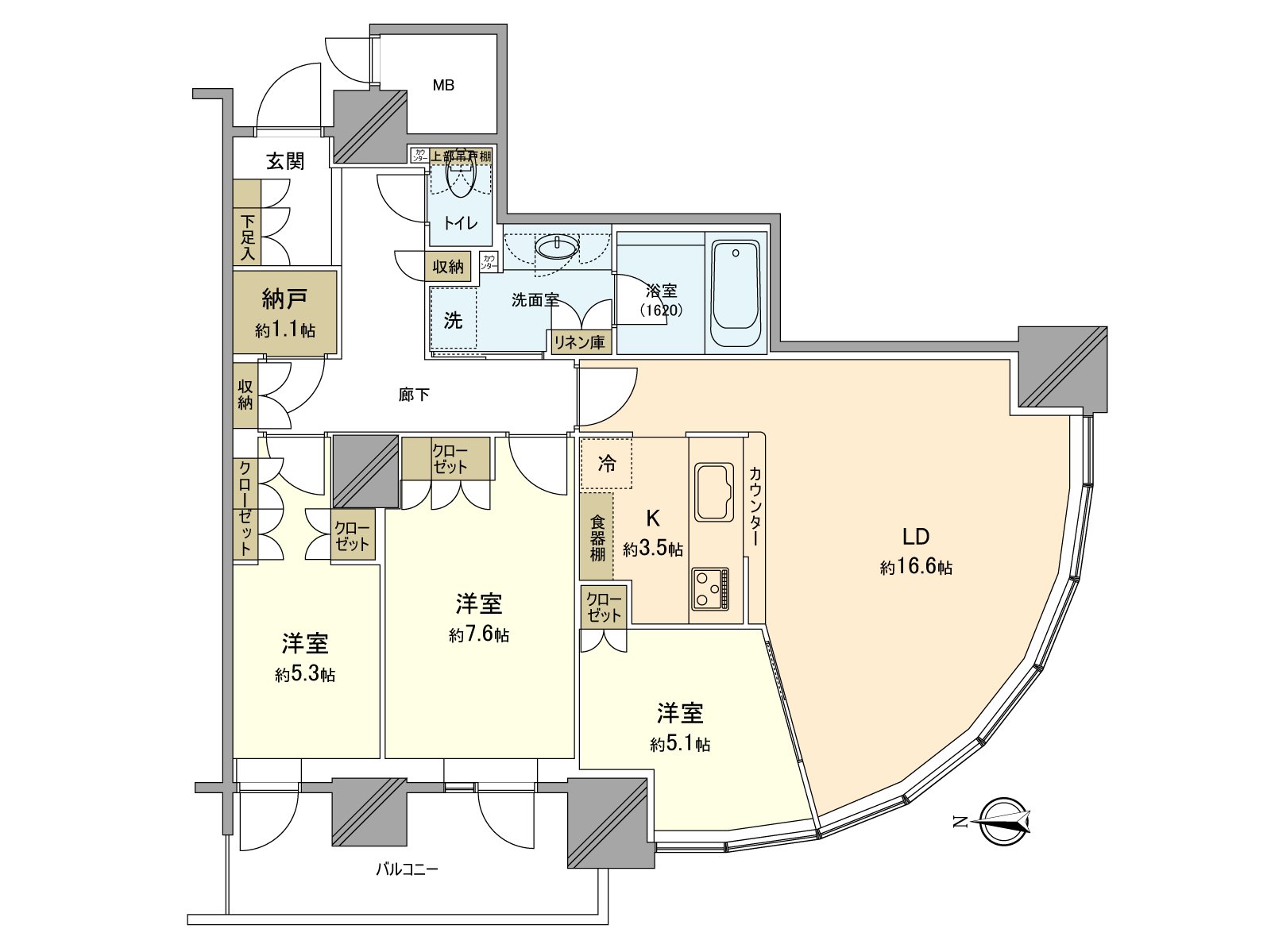 约18.6张塌塌米宽敞的客餐厅被窗围住，被考虑采光。厨房能和一边在开放式做家务，一边在客厅的家族享受会话。便于室内每个所的收纳充实。
