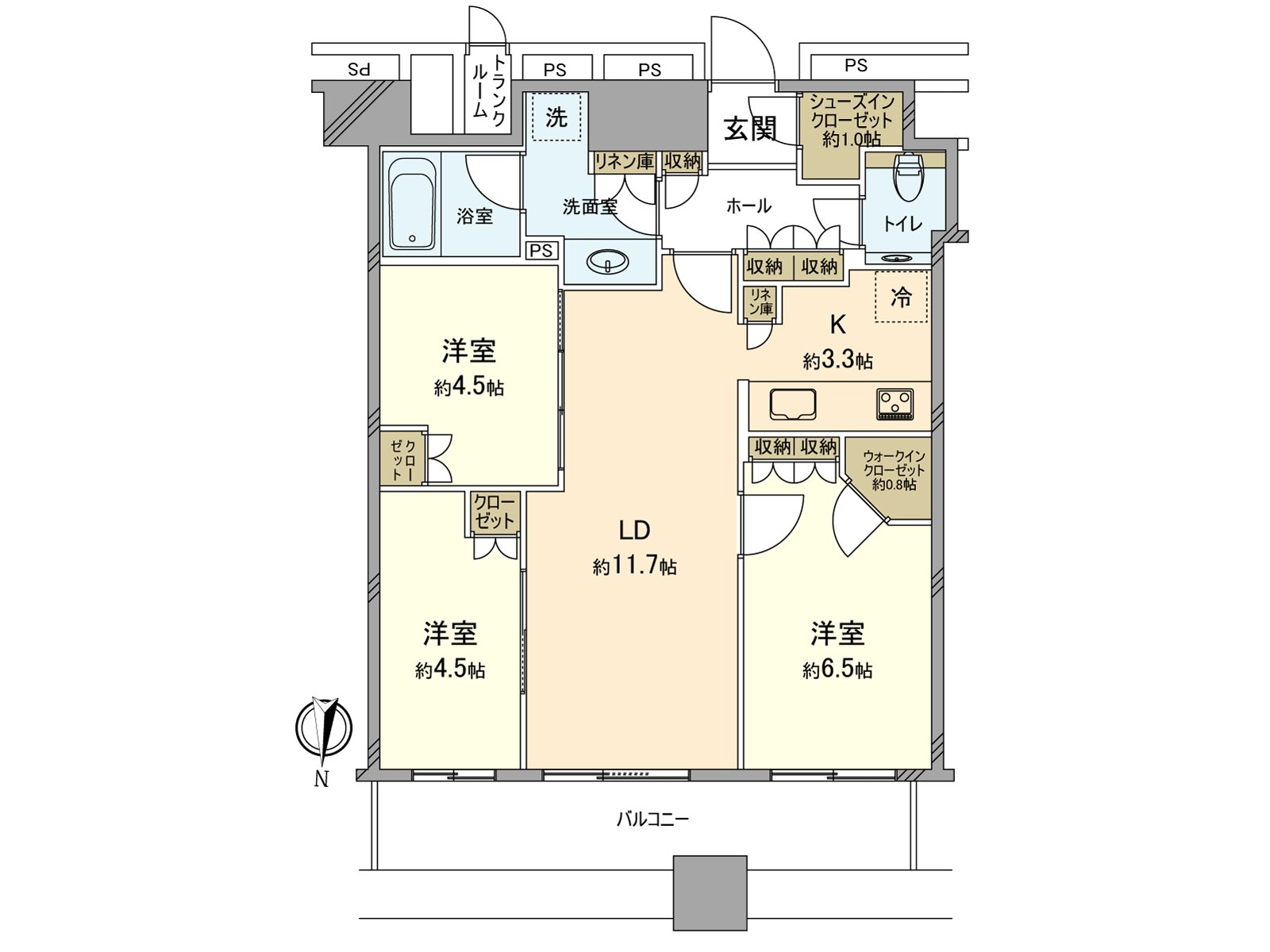 包括走入式鞋柜以及步入式衣帽间在内，是收纳被到处设定的房型。2间西式房间和客餐厅面向阳台，有开放感觉。在厨房，独立型厨房被采用。